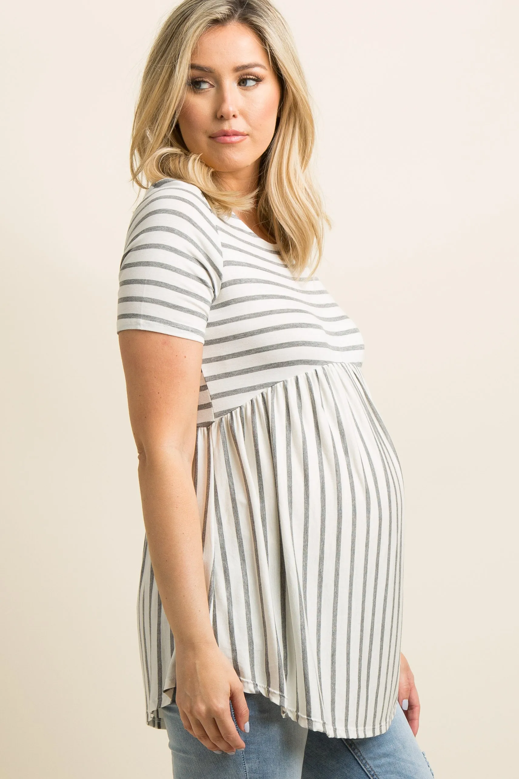 PinkBlush Grey Striped Crisscross Back Peplum Maternity Top sold by Pinkblush product image thumbnail 2