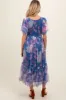 Blue Leaf Print Mesh Smocked Maternity Midi Dress sold by Pinkblush