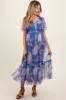 Blue Leaf Print Mesh Smocked Maternity Midi Dress sold by Pinkblush