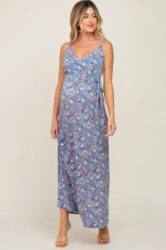 Blue Floral Wrap Top Sleeveless Maternity Maxi Dress sold by Pinkblush