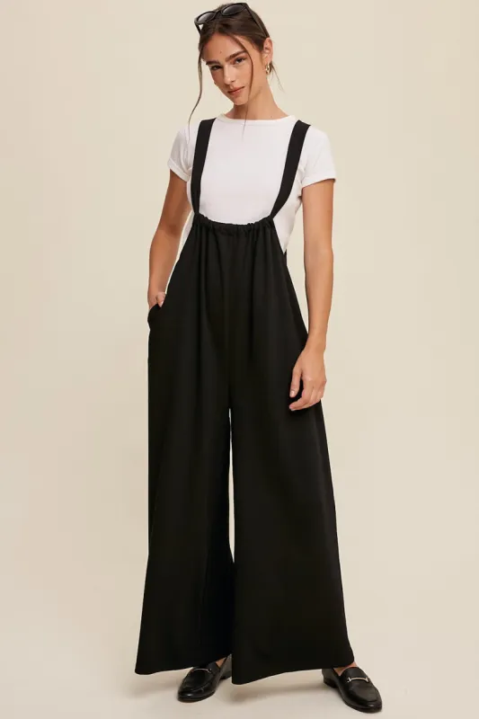 Black Ribbed Drawstring Wide Leg Jumpsuit sold by Pinkblush