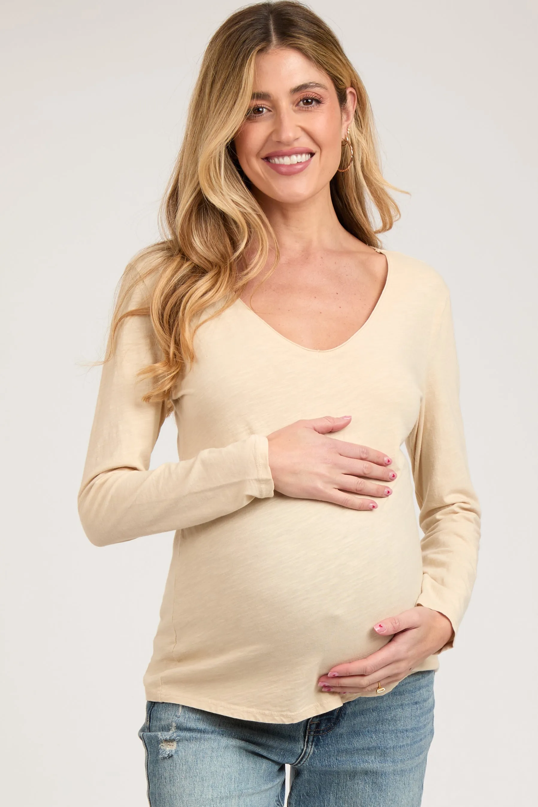 Beige Long Sleeve Maternity Shirt sold by Pinkblush