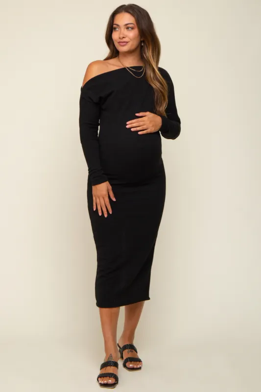 Black Off Shoulder Long Sleeve Maternity Midi Dress sold by Pinkblush