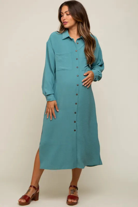 Jade Button Down Collared Maternity Maxi Dress sold by Pinkblush