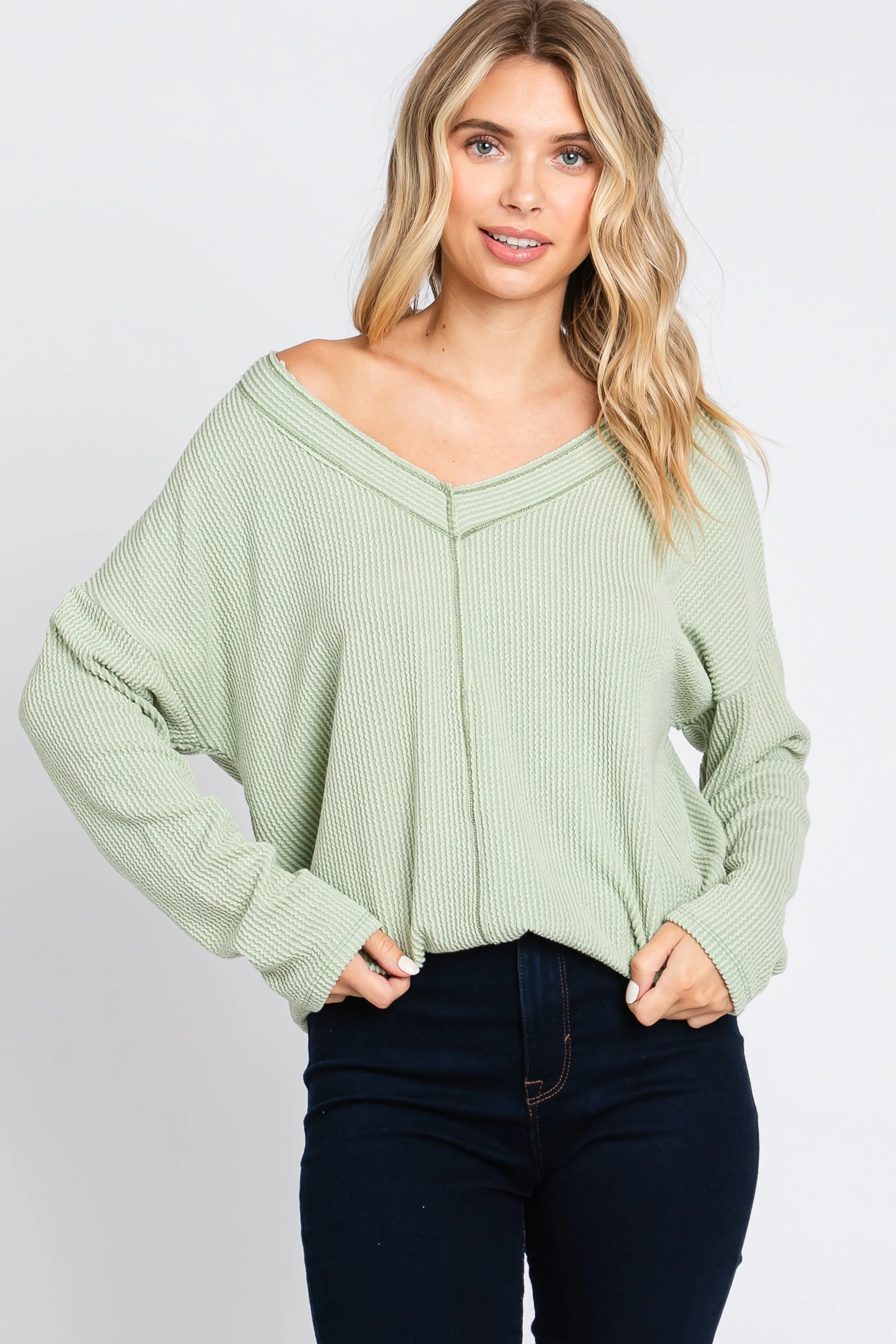 Light Olive Ribbed V-Neck Long Sleeve Top sold by Pinkblush product image thumbnail 4