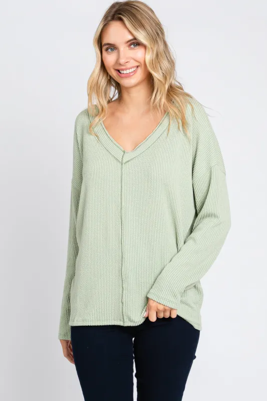 Light Olive Ribbed V-Neck Long Sleeve Top sold by Pinkblush