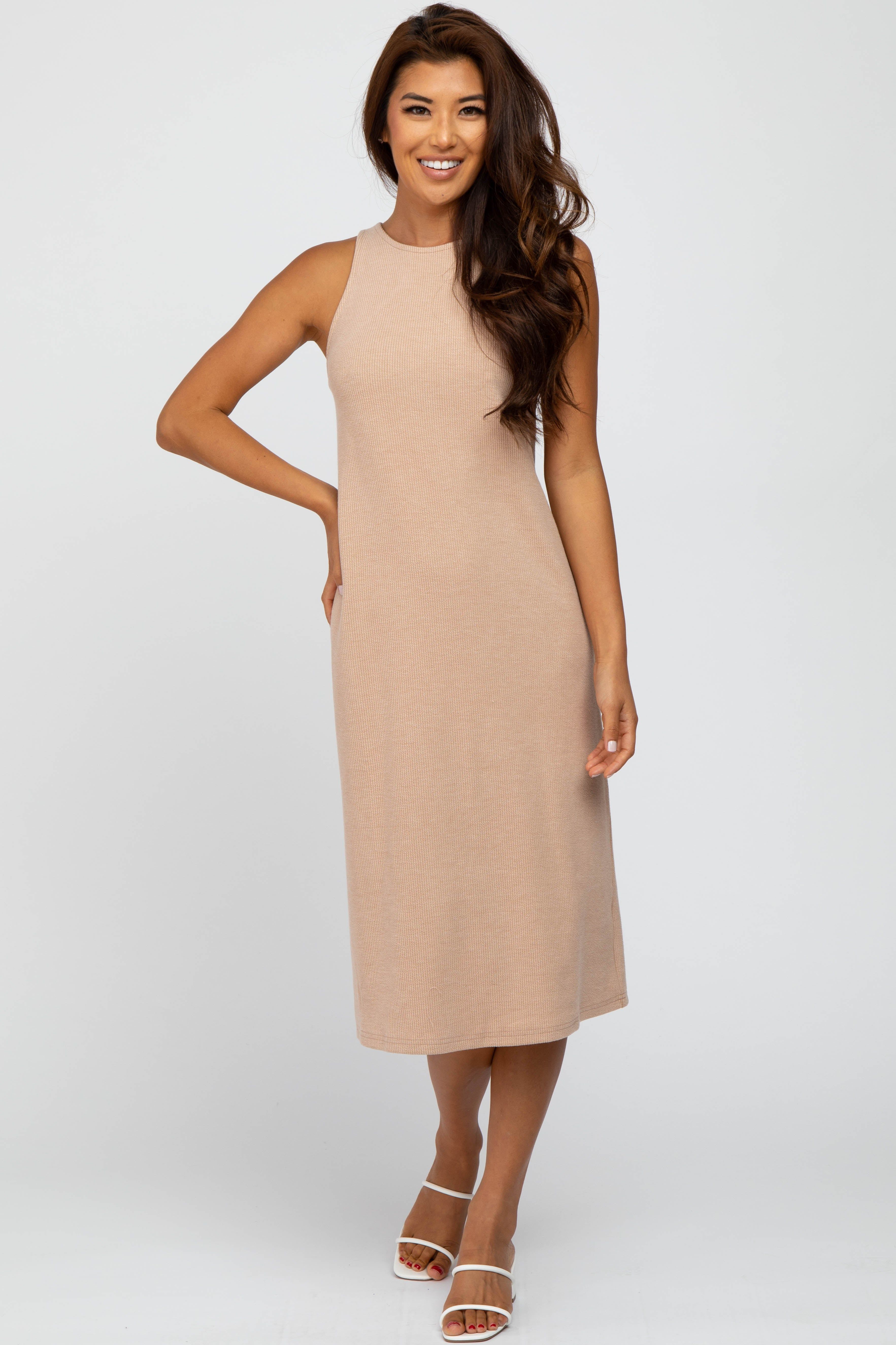 Beige Ribbed Open Back Maternity Midi Dress sold by Pinkblush product image thumbnail 4