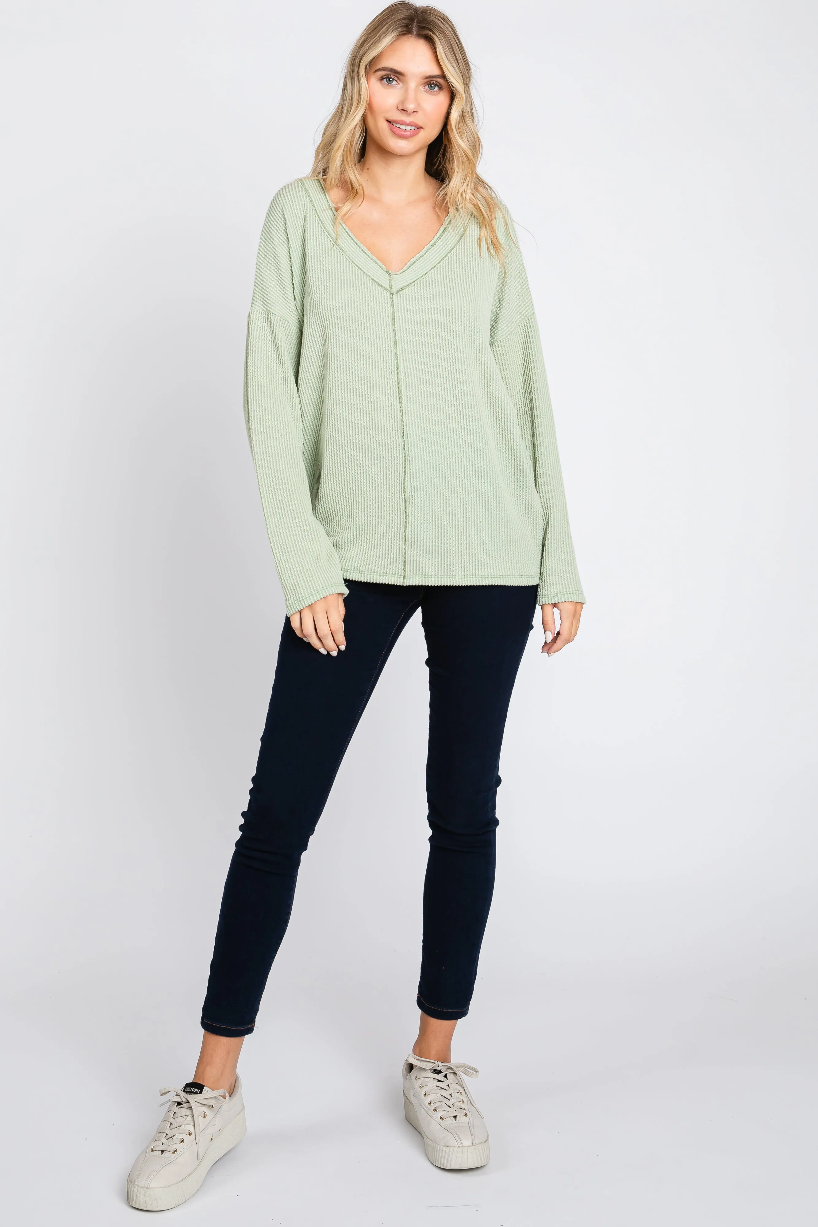 Light Olive Ribbed V-Neck Long Sleeve Top sold by Pinkblush product image thumbnail 5