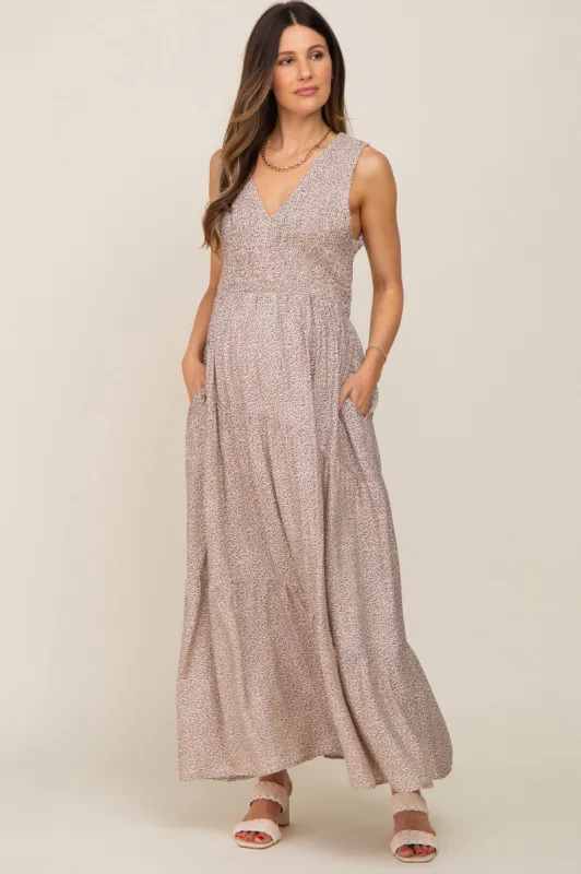 Cream Floral Smocked Sleeveless Back Tie Maternity Maxi Dress sold by Pinkblush