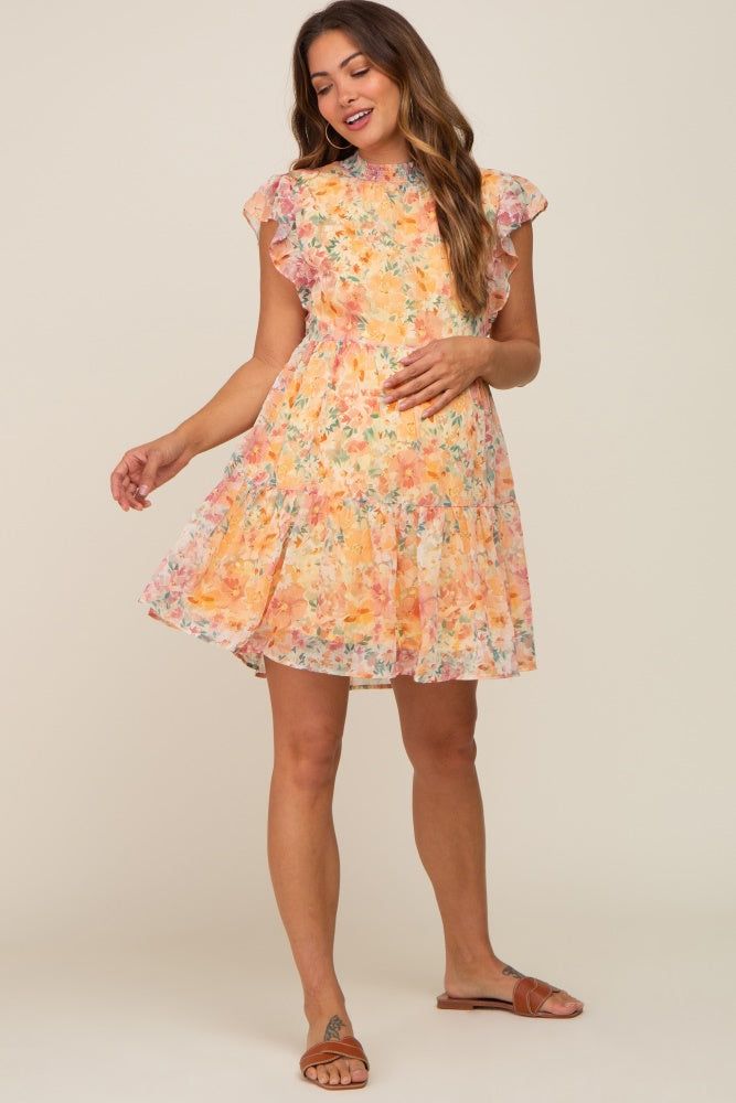 Orange Floral Chiffon Tiered Maternity Dress sold by Pinkblush product image thumbnail 4