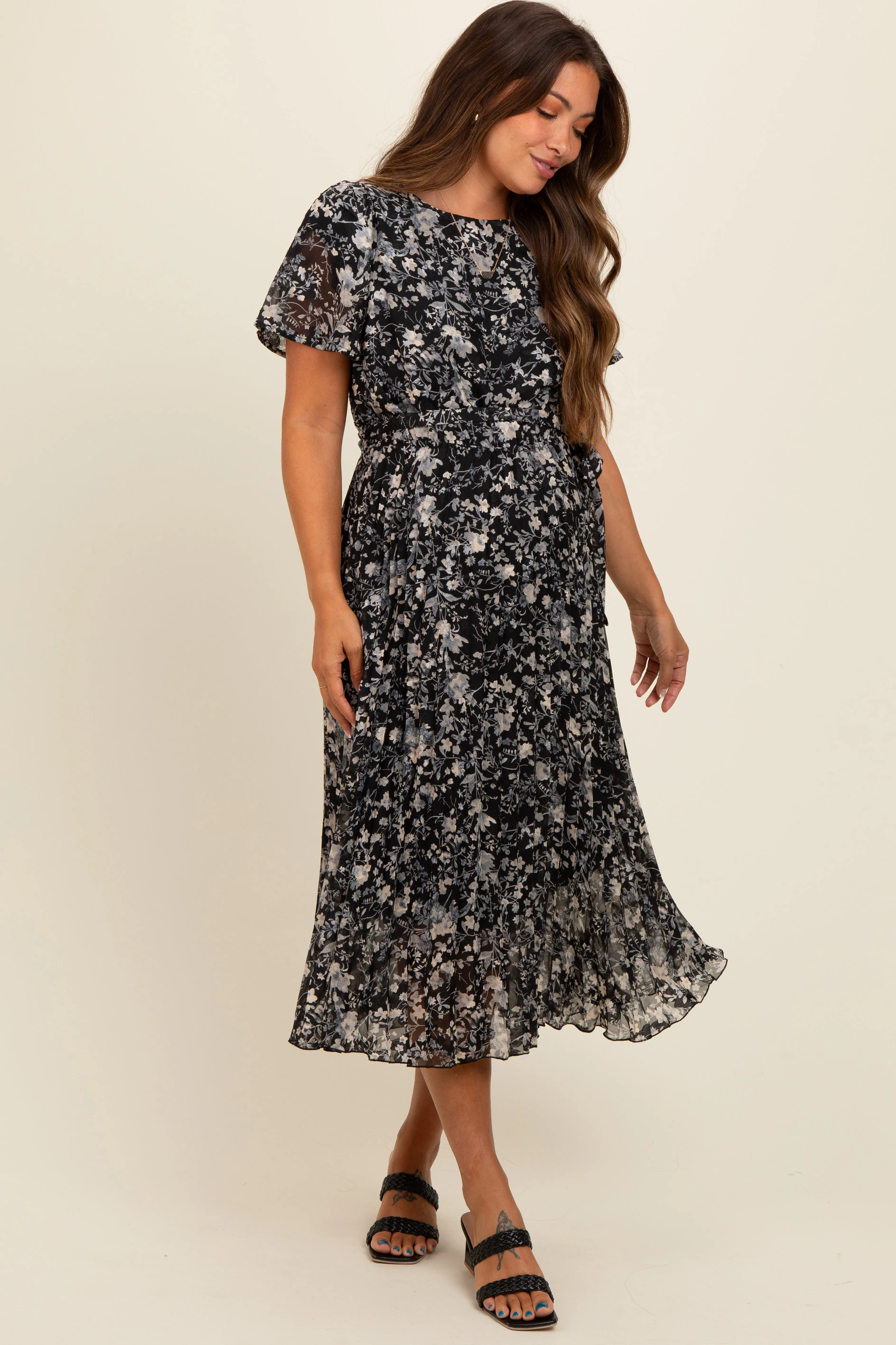 Black Floral Pleated Maternity Midi Dress sold by Pinkblush