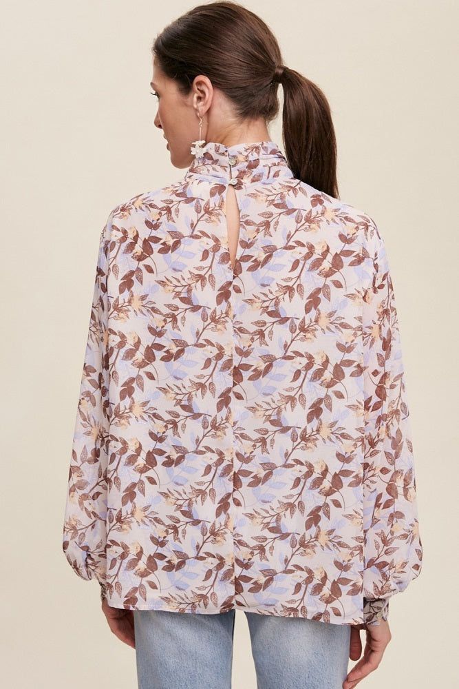 Brown Leaf Print Mock Neck Long Sleeve Blouse sold by Pinkblush product image thumbnail 4