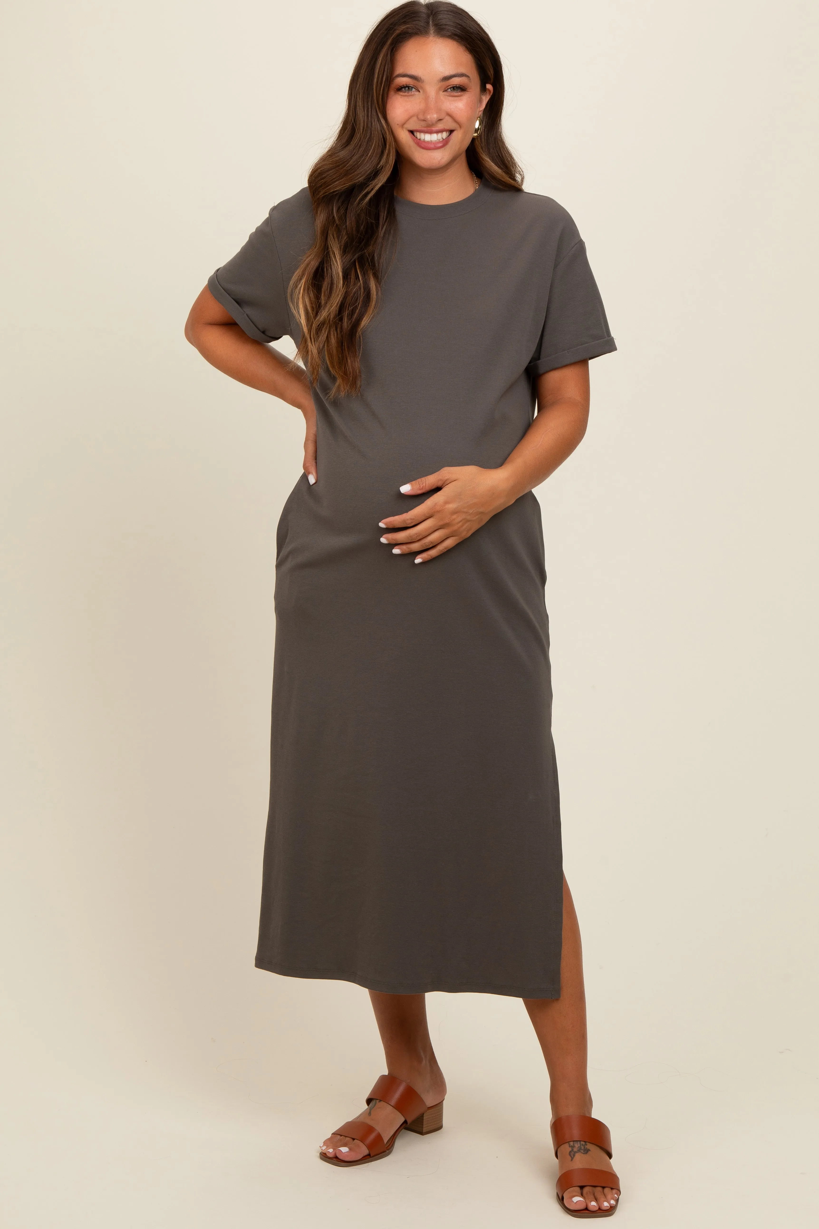 Charcoal Basic Side Slit Maternity Midi Dress sold by Pinkblush product image thumbnail 2