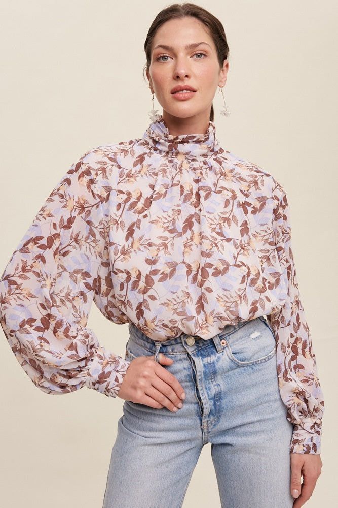 Brown Leaf Print Mock Neck Long Sleeve Blouse sold by Pinkblush