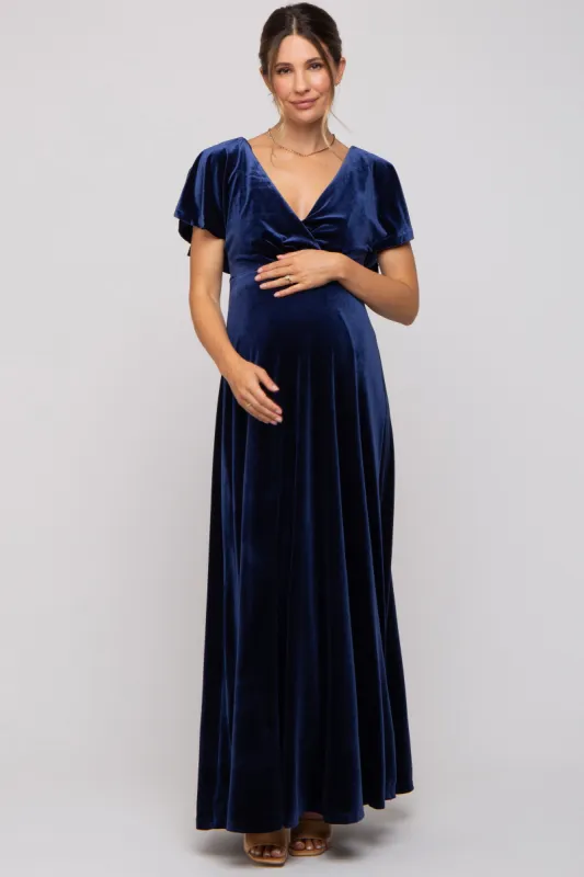 Navy Blue Velvet Maternity Maxi Dress sold by Pinkblush