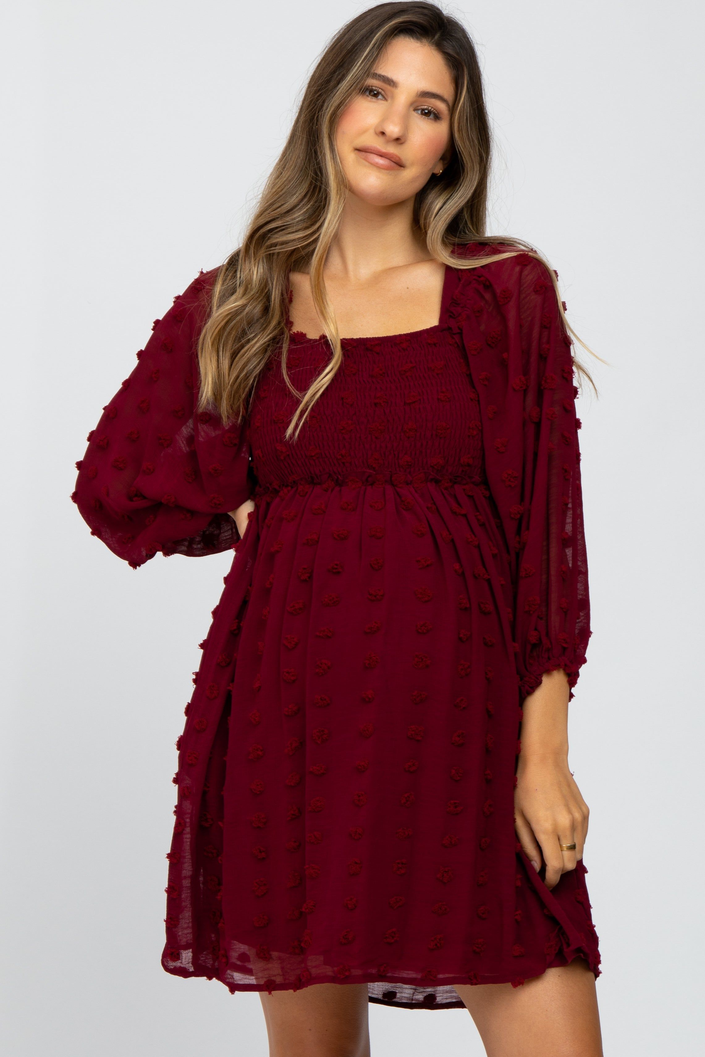 Burgundy Textured Dot Smocked Square Neck Chiffon Maternity Dress sold by Pinkblush product image thumbnail 4