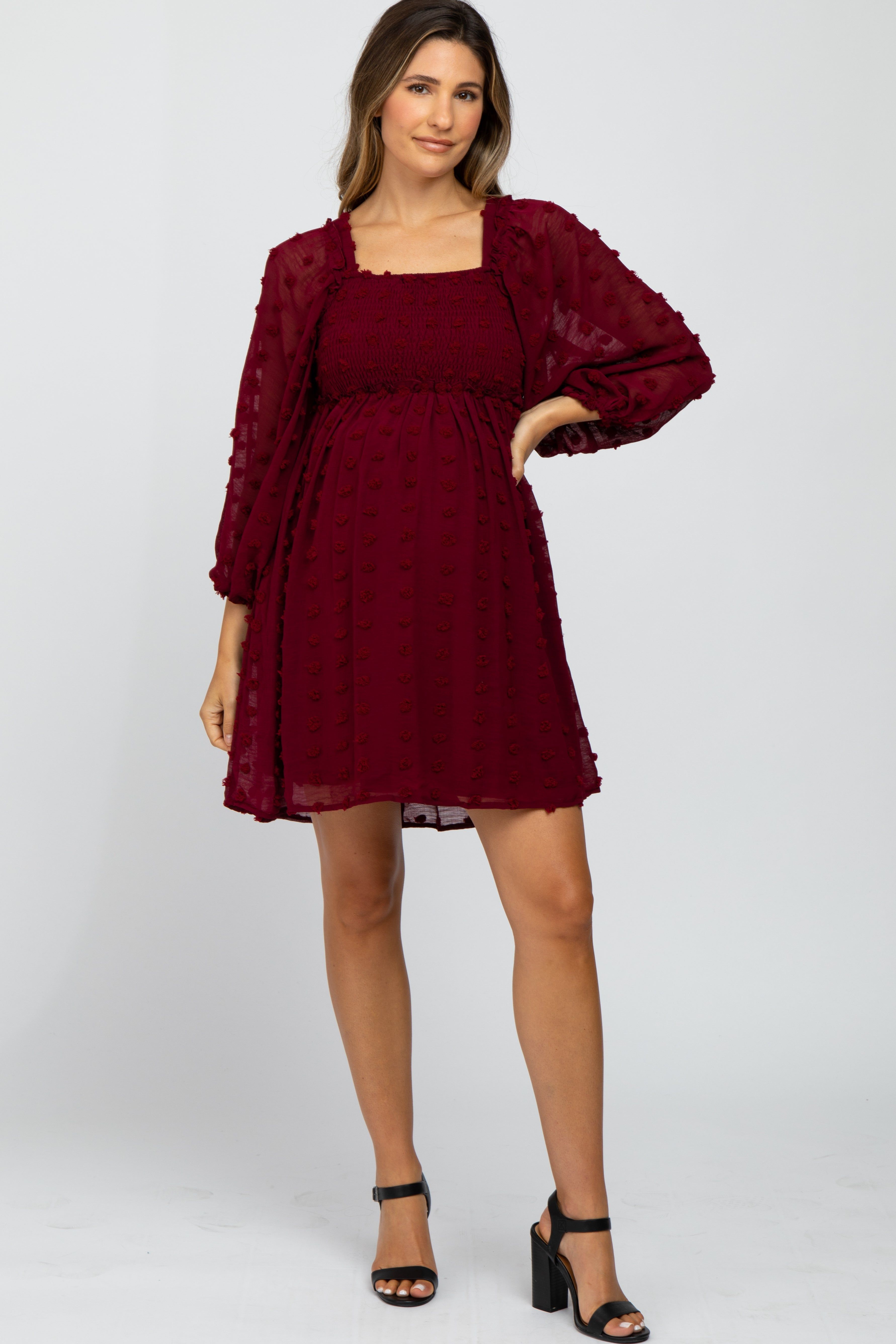 Burgundy Textured Dot Smocked Square Neck Chiffon Maternity Dress sold by Pinkblush