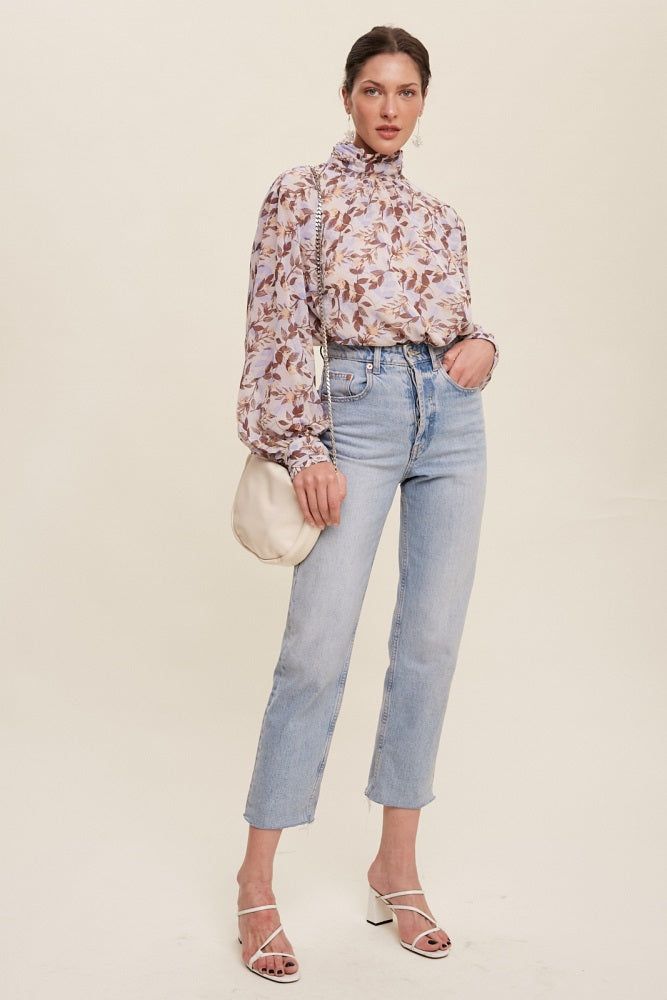 Brown Leaf Print Mock Neck Long Sleeve Blouse sold by Pinkblush product image thumbnail 2