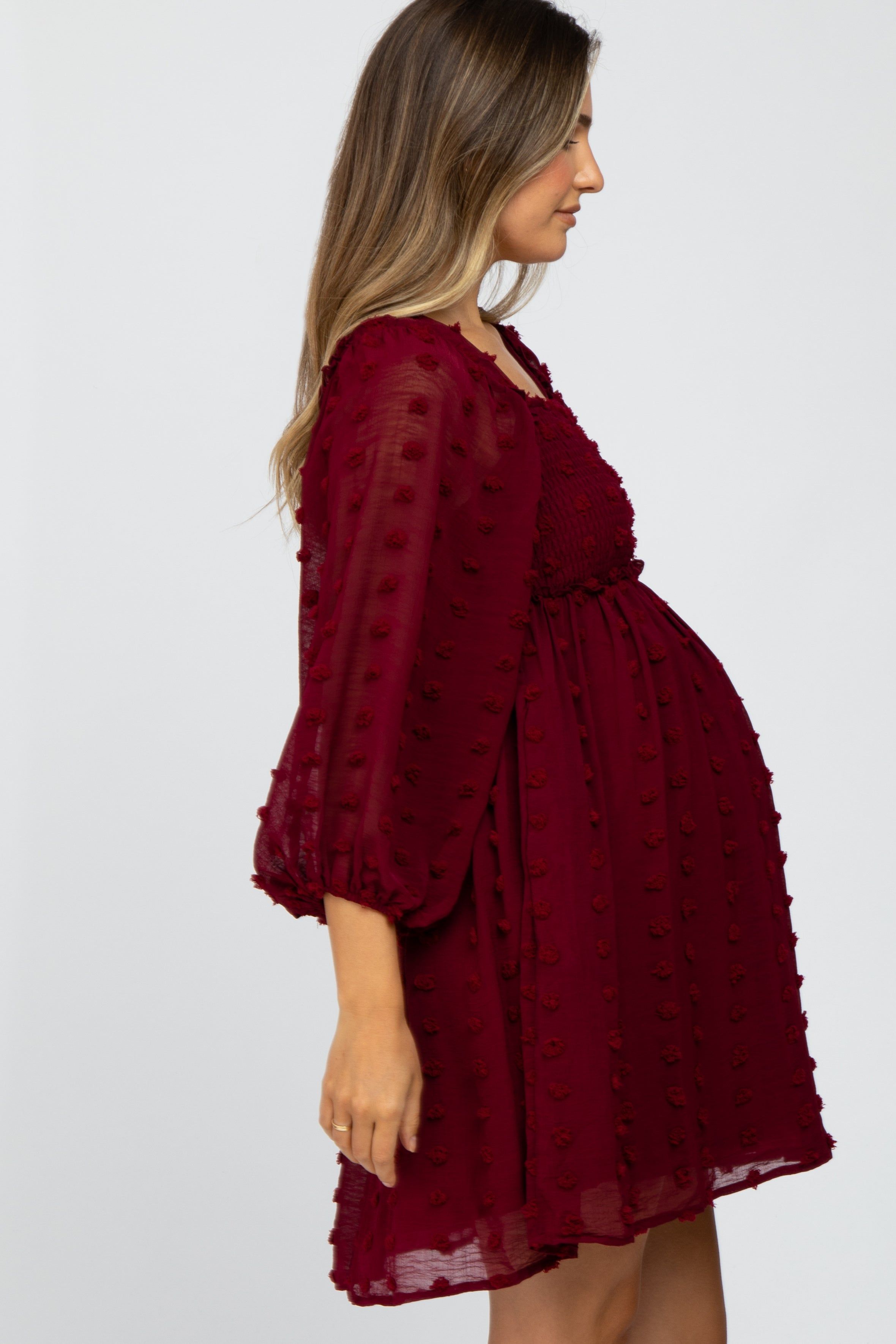 Burgundy Textured Dot Smocked Square Neck Chiffon Maternity Dress sold by Pinkblush product image thumbnail 2