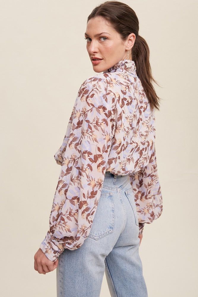 Brown Leaf Print Mock Neck Long Sleeve Blouse sold by Pinkblush product image thumbnail 3