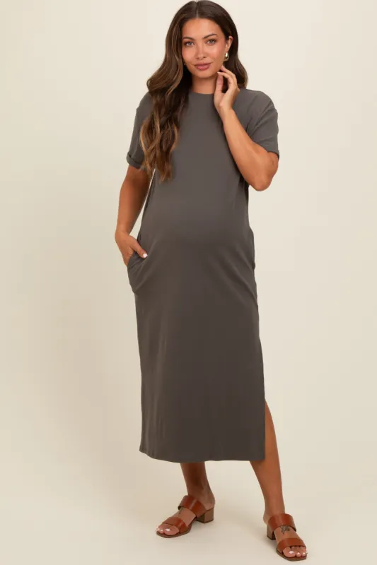 Charcoal Basic Side Slit Maternity Midi Dress sold by Pinkblush