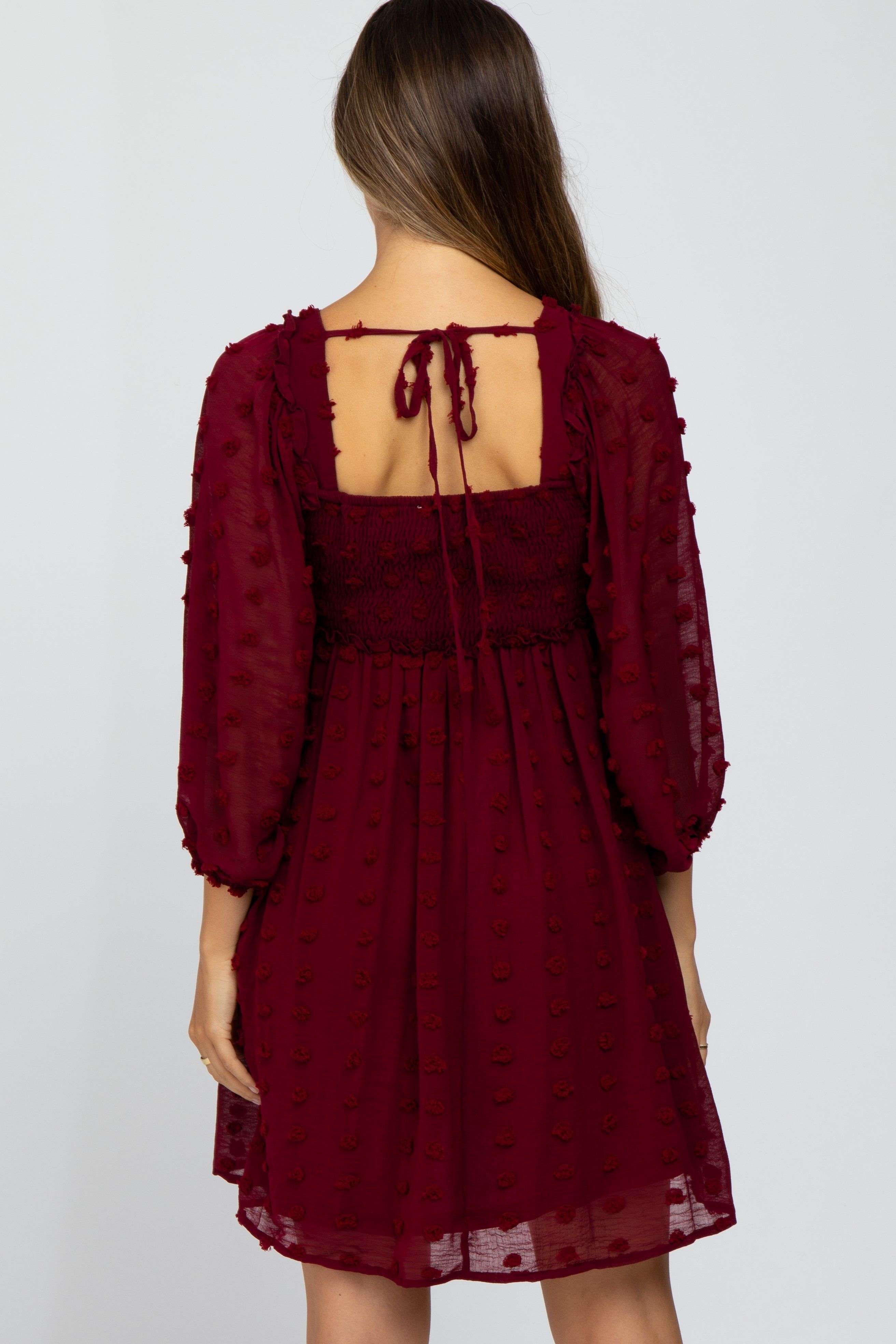 Burgundy Textured Dot Smocked Square Neck Chiffon Maternity Dress sold by Pinkblush product image thumbnail 3