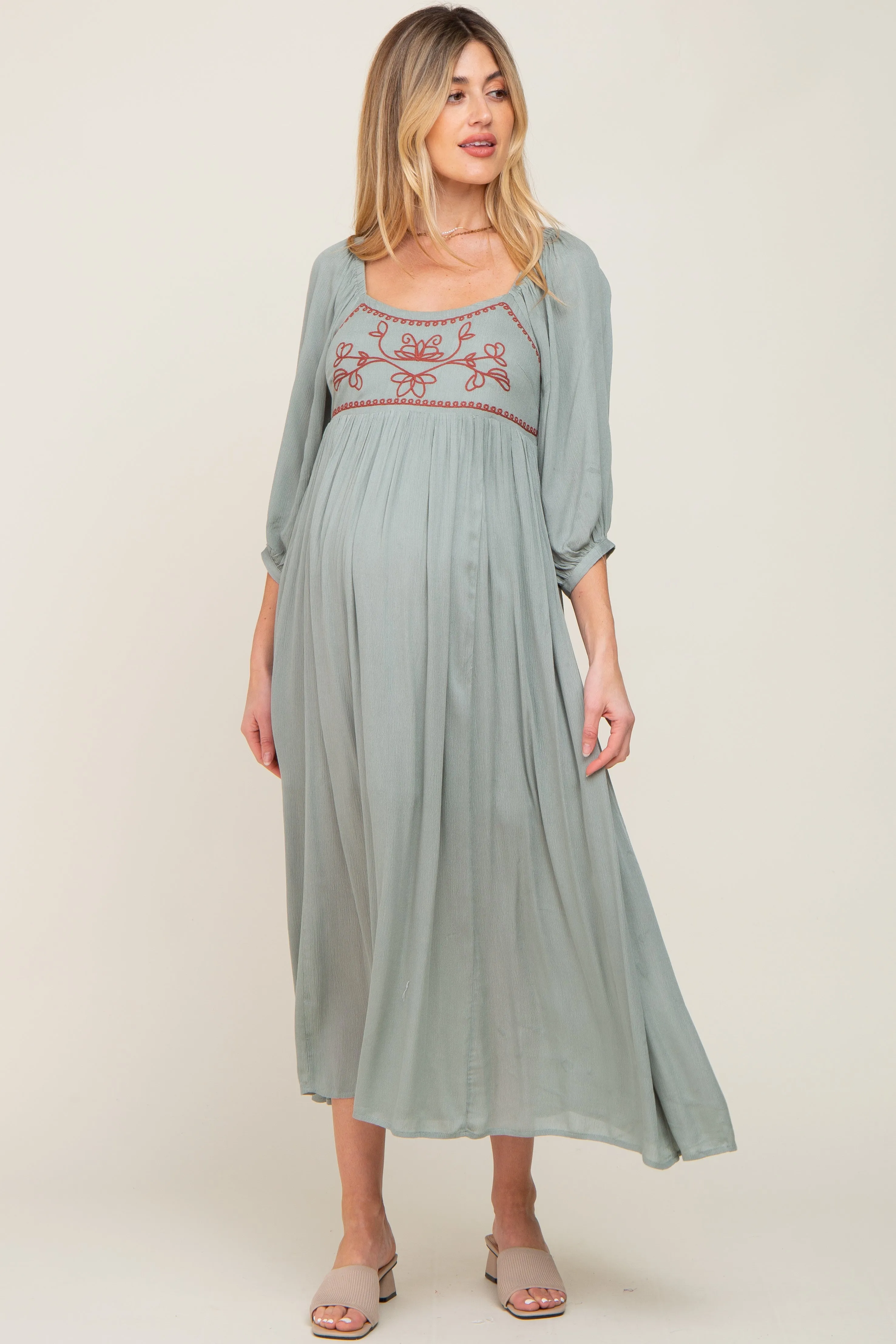 Mint Embroidered 3/4 Sleeve Maternity Maxi Dress sold by Pinkblush