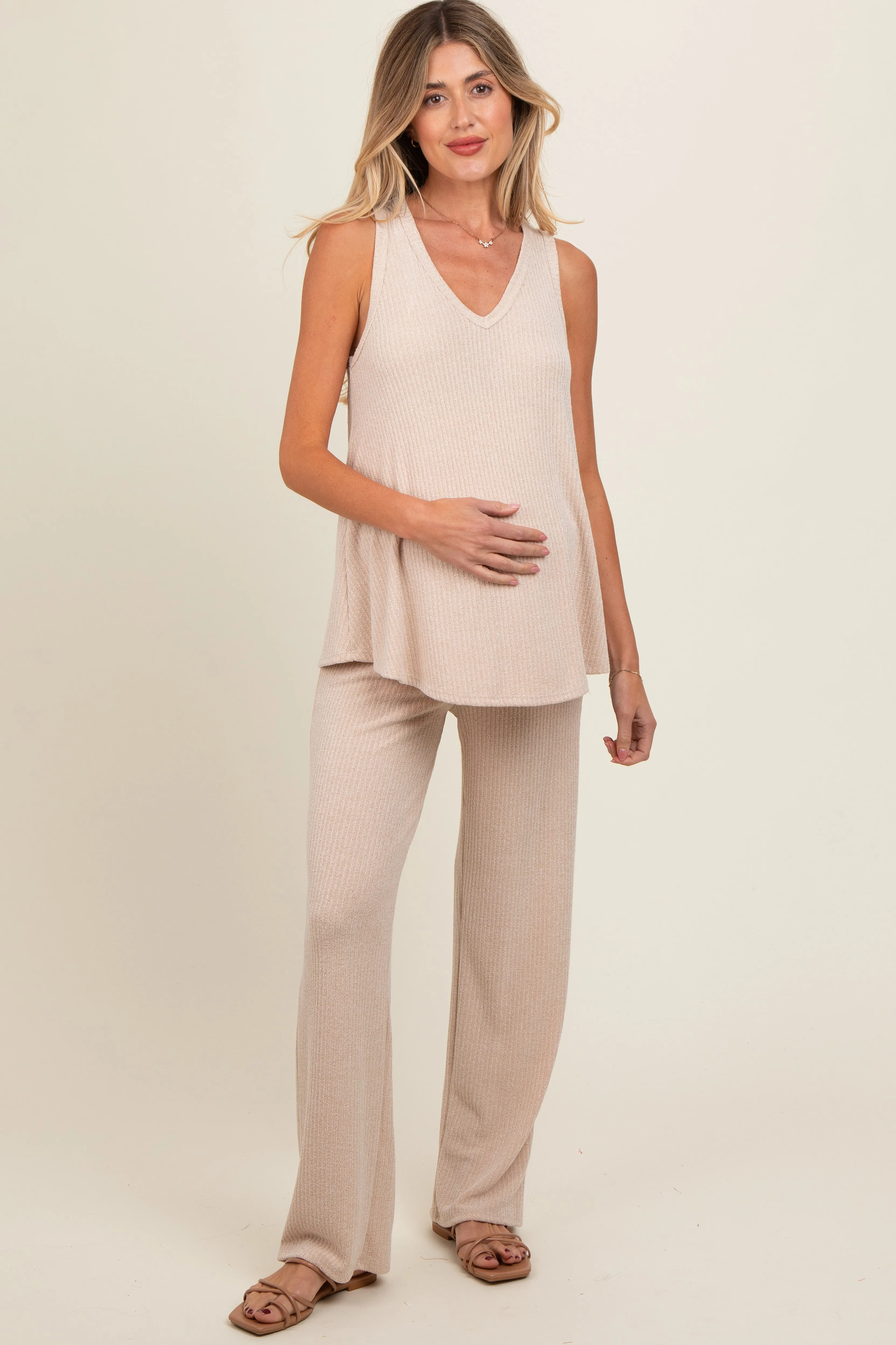 Beige Rib Knit Tank and Pant Maternity Set sold by Pinkblush product image thumbnail 2