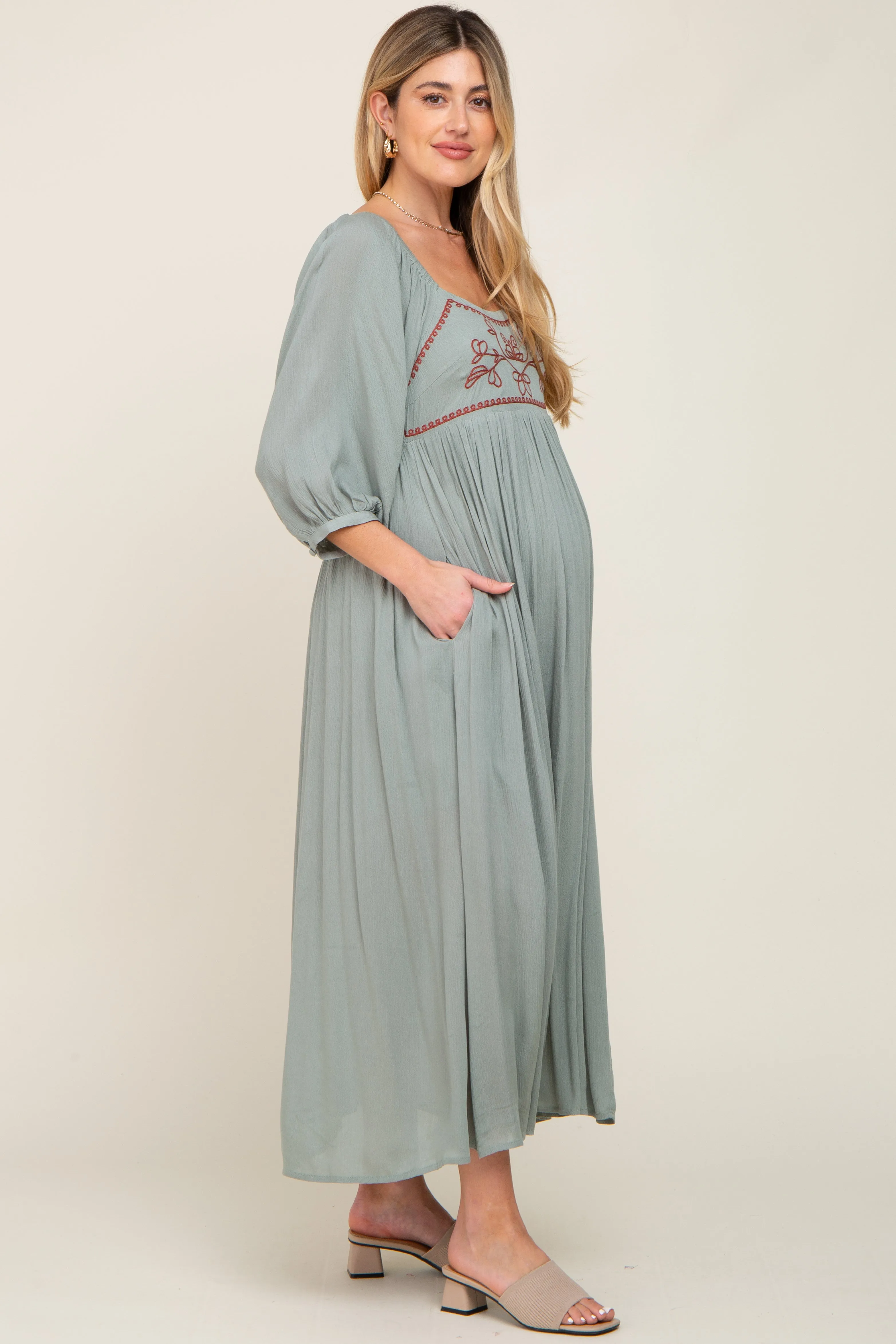 Mint Embroidered 3/4 Sleeve Maternity Maxi Dress sold by Pinkblush product image thumbnail 2