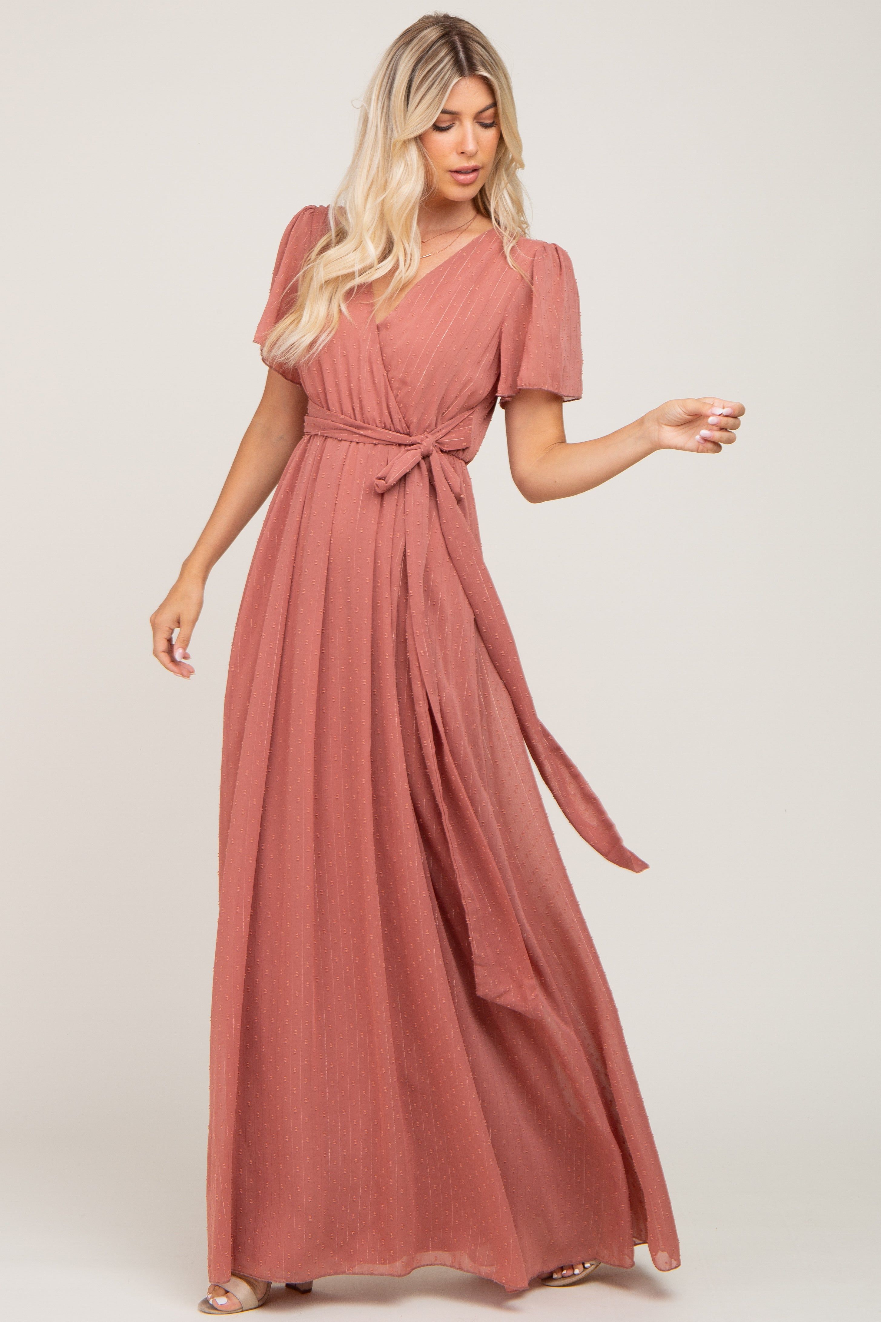 Mauve Swiss Dot Chiffon Maxi Dress sold by Pinkblush
