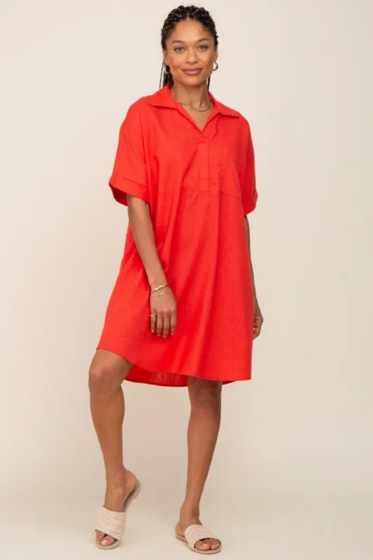 Orange Linen Collared Front Pocket Short Sleeve Dress sold by Pinkblush