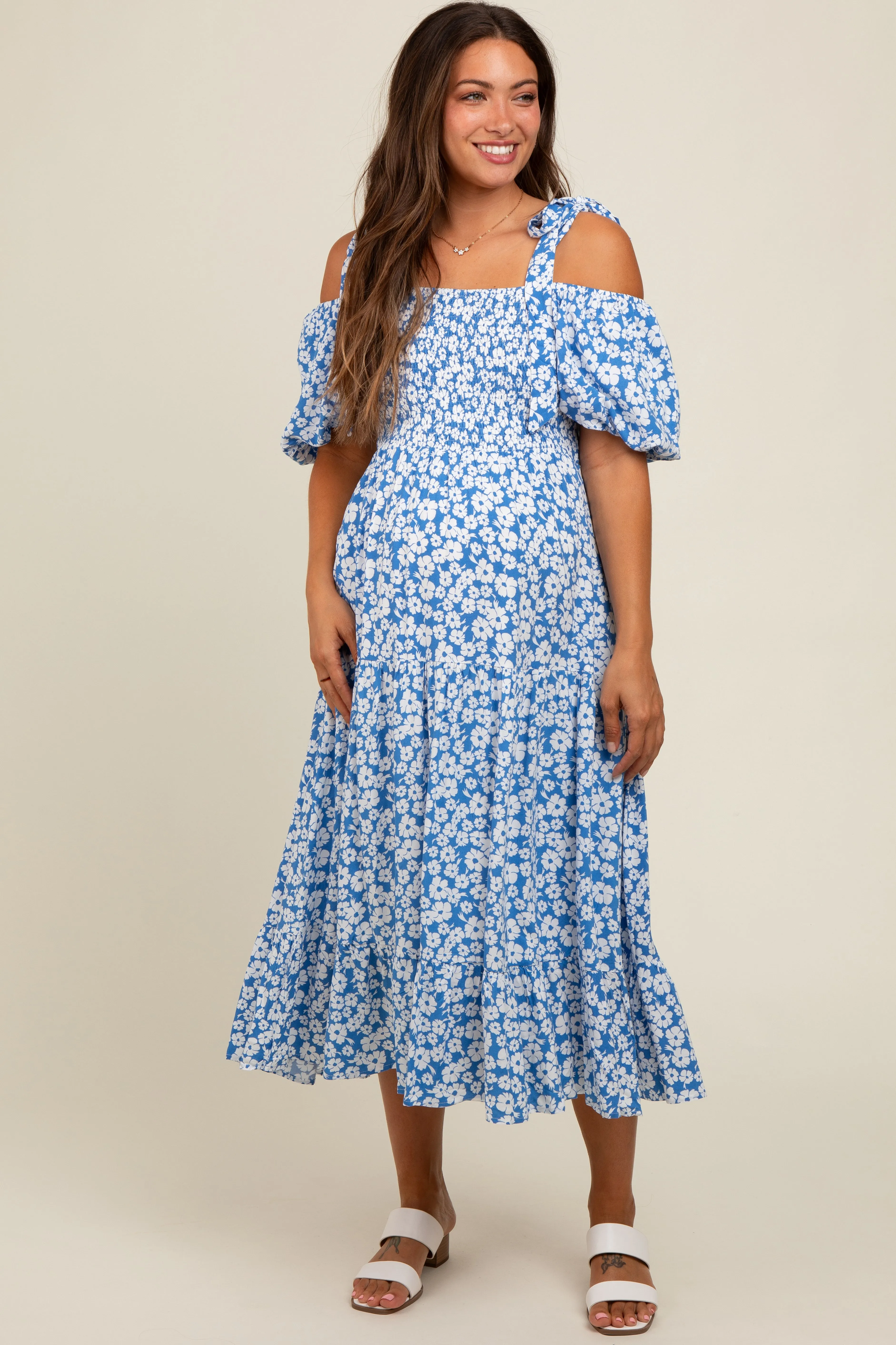 Blue Floral Off Shoulder Smocked Maternity Dress sold by Pinkblush
