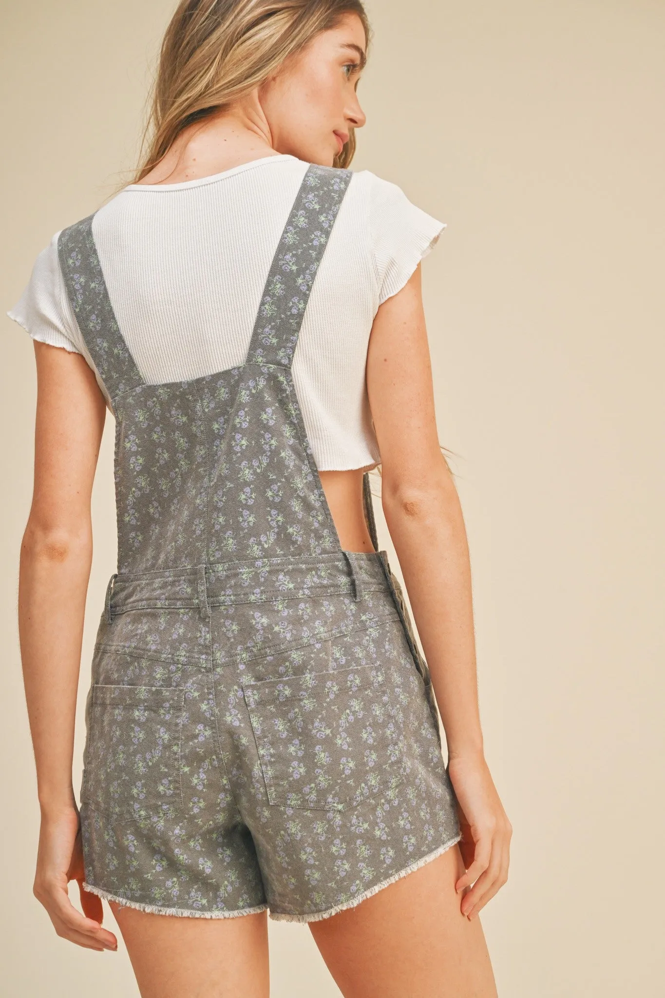 Denim Lilac Floral Print Denim Short Overalls sold by Pinkblush product image thumbnail 4