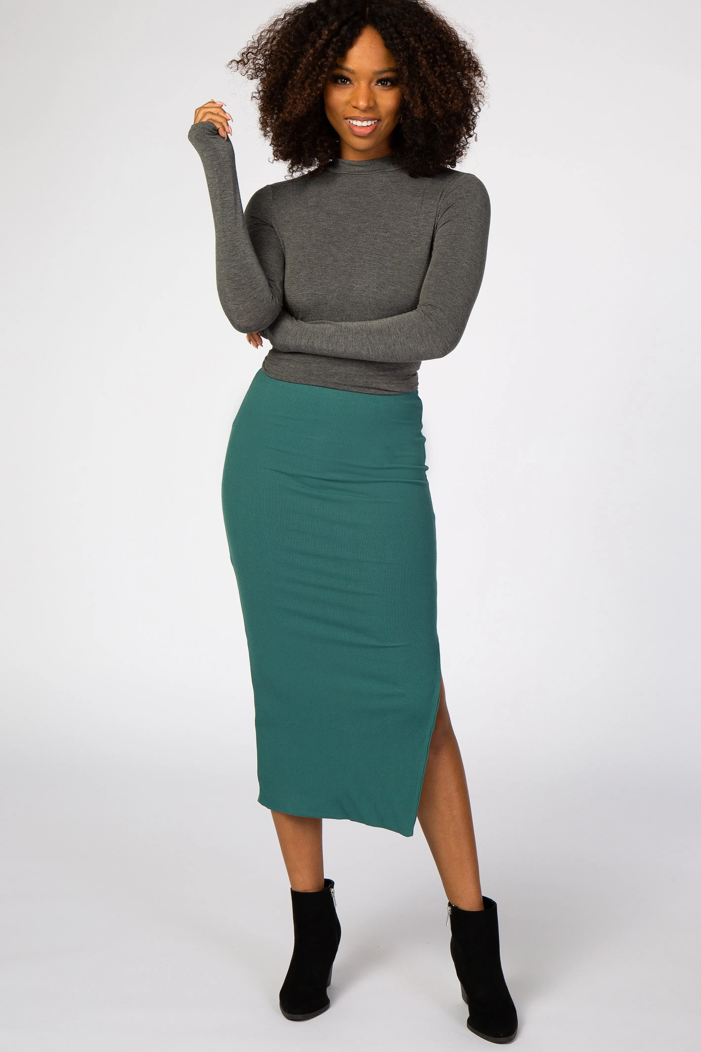 Emerald Green Ribbed Side Slit Midi Skirt sold by Pinkblush