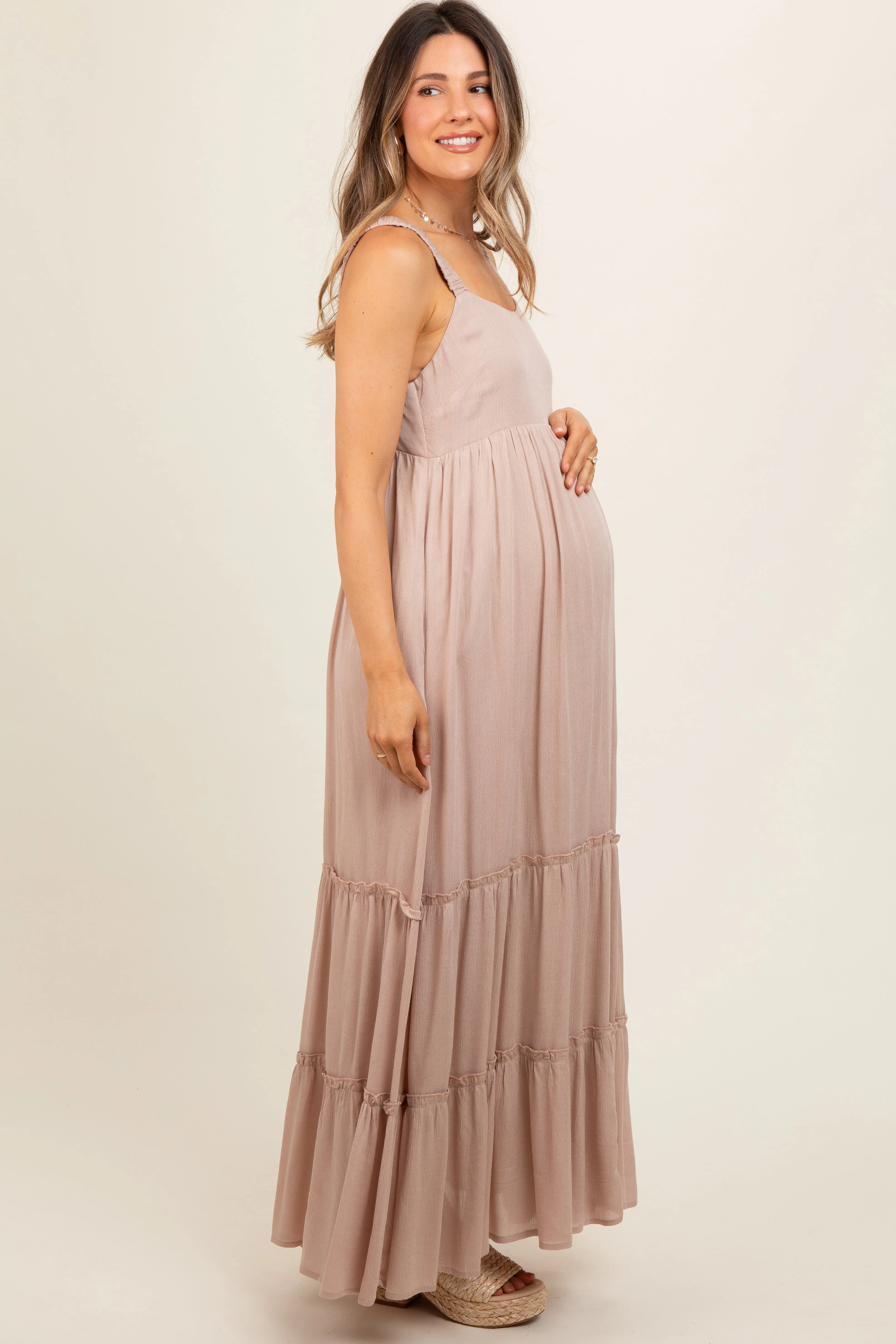 Taupe Tiered Maternity Maxi Dress sold by Pinkblush product image thumbnail 3