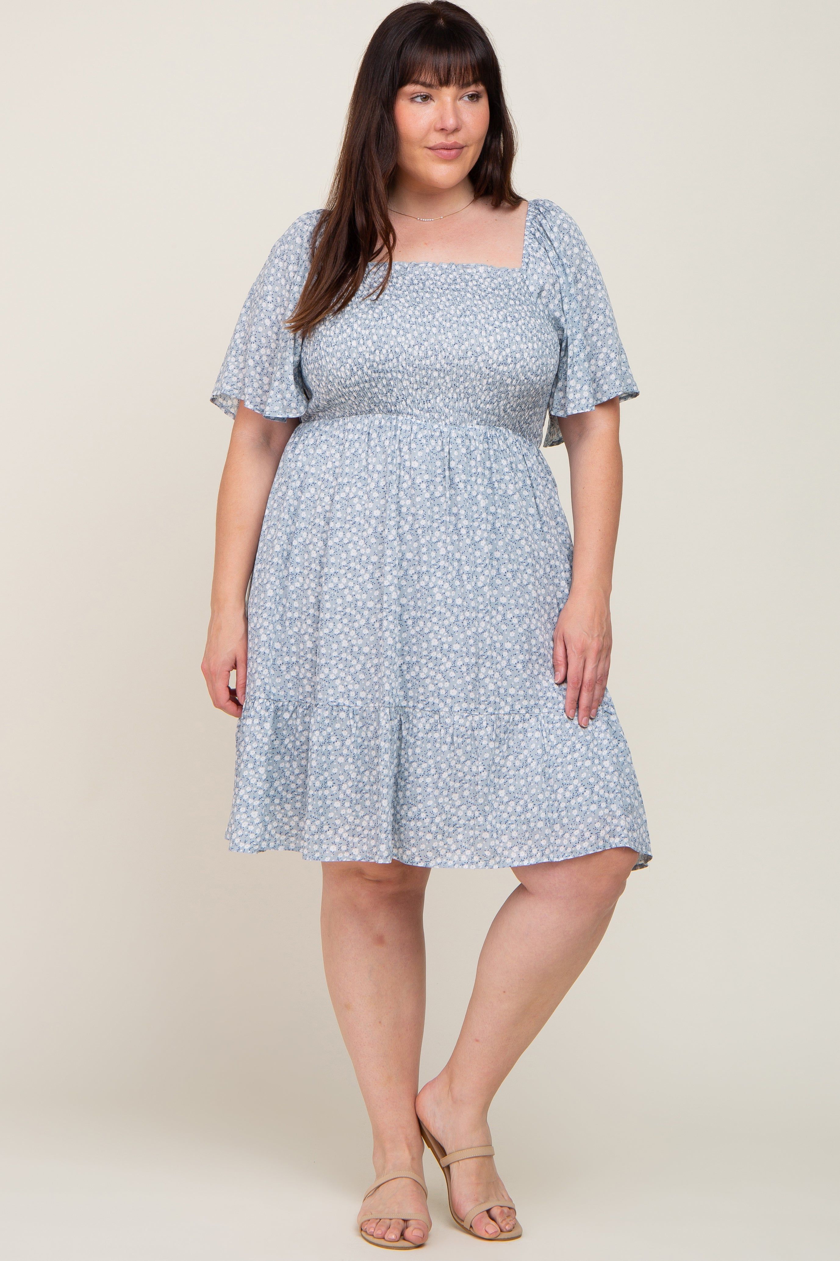 Light Blue Floral Smocked Square Neck Ruffle Hem Plus Dress sold by Pinkblush product image thumbnail 4