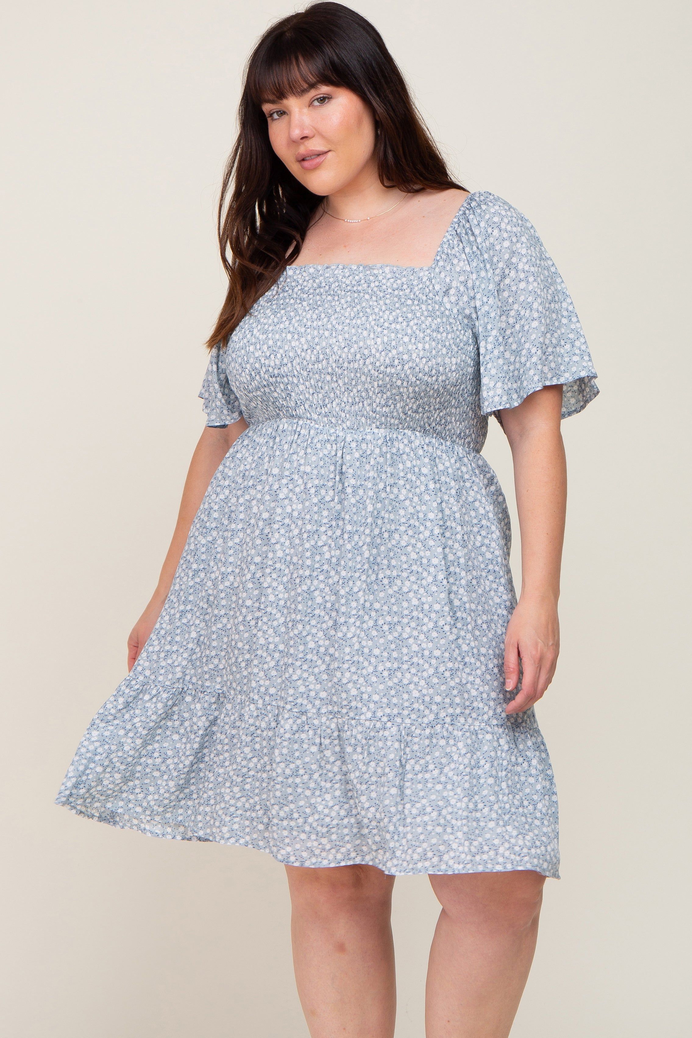 Light Blue Floral Smocked Square Neck Ruffle Hem Plus Dress sold by Pinkblush