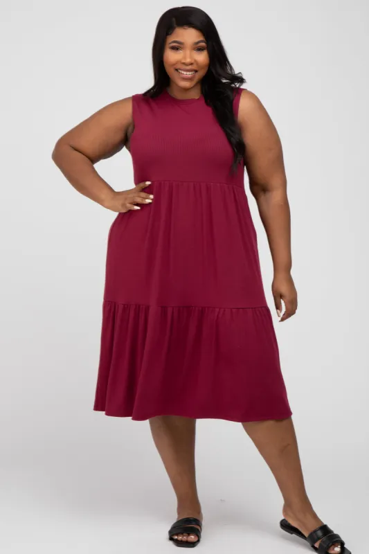 Burgundy Ribbed Sleeveless Plus Midi Dress sold by Pinkblush