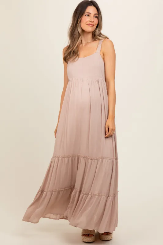 Taupe Tiered Maternity Maxi Dress sold by Pinkblush
