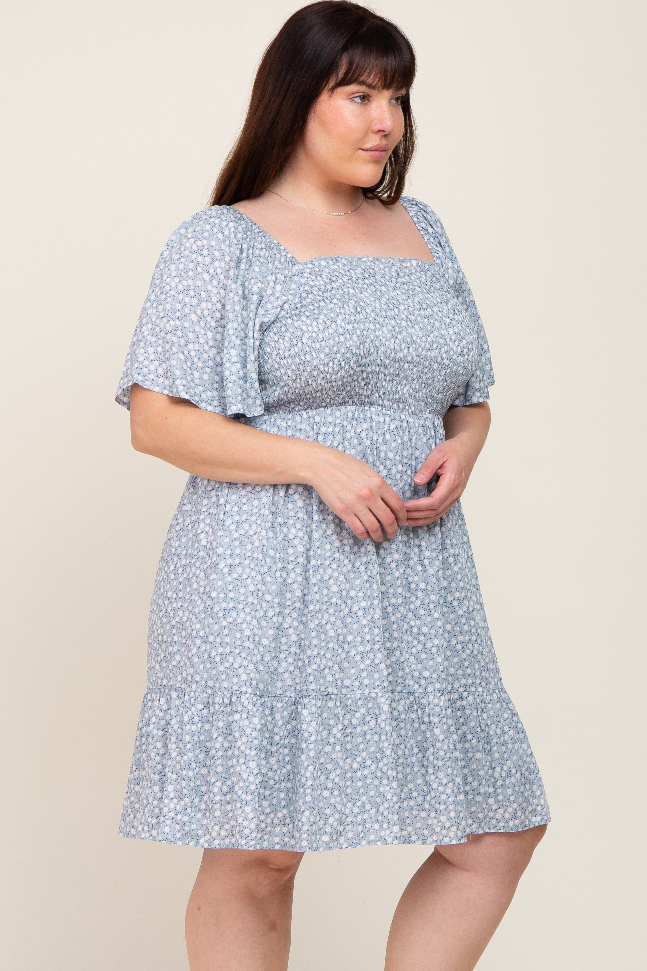 Light Blue Floral Smocked Square Neck Ruffle Hem Plus Dress sold by Pinkblush product image thumbnail 2