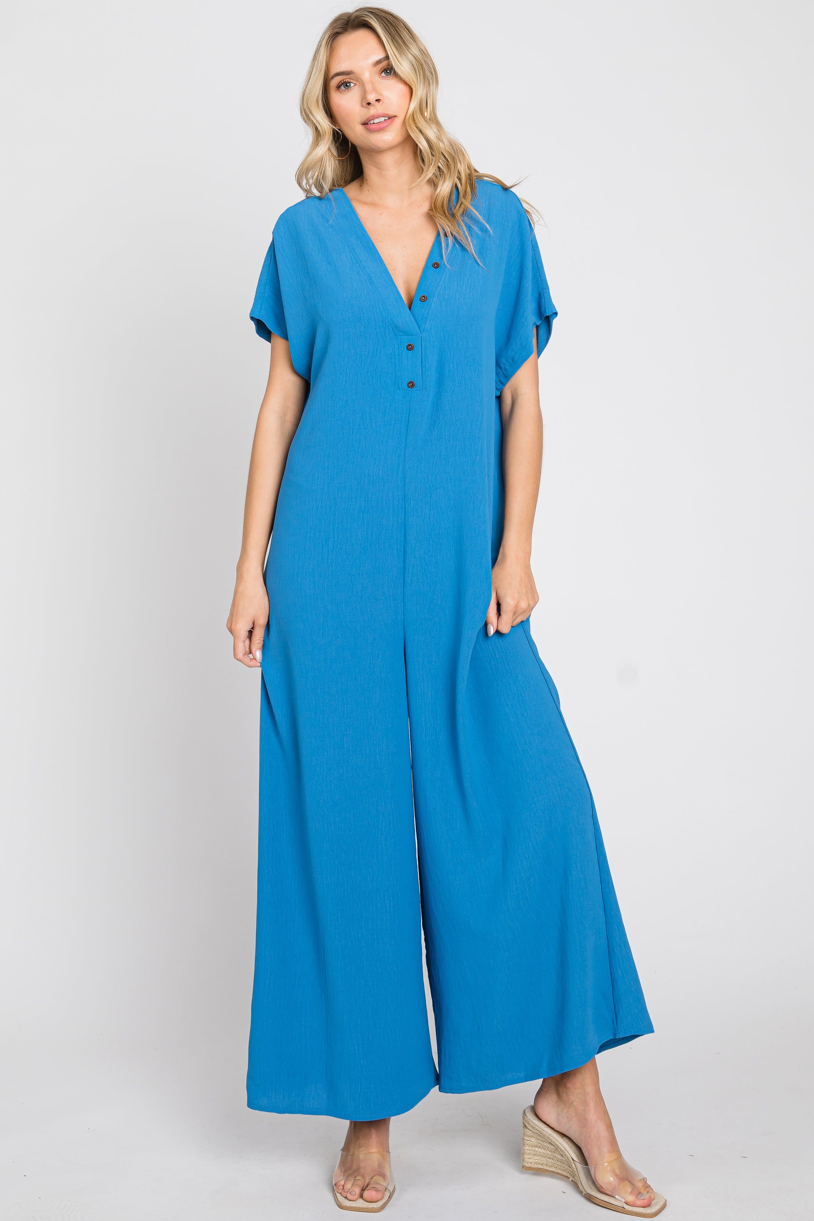 Blue Front Button Accent Jumpsuit sold by Pinkblush