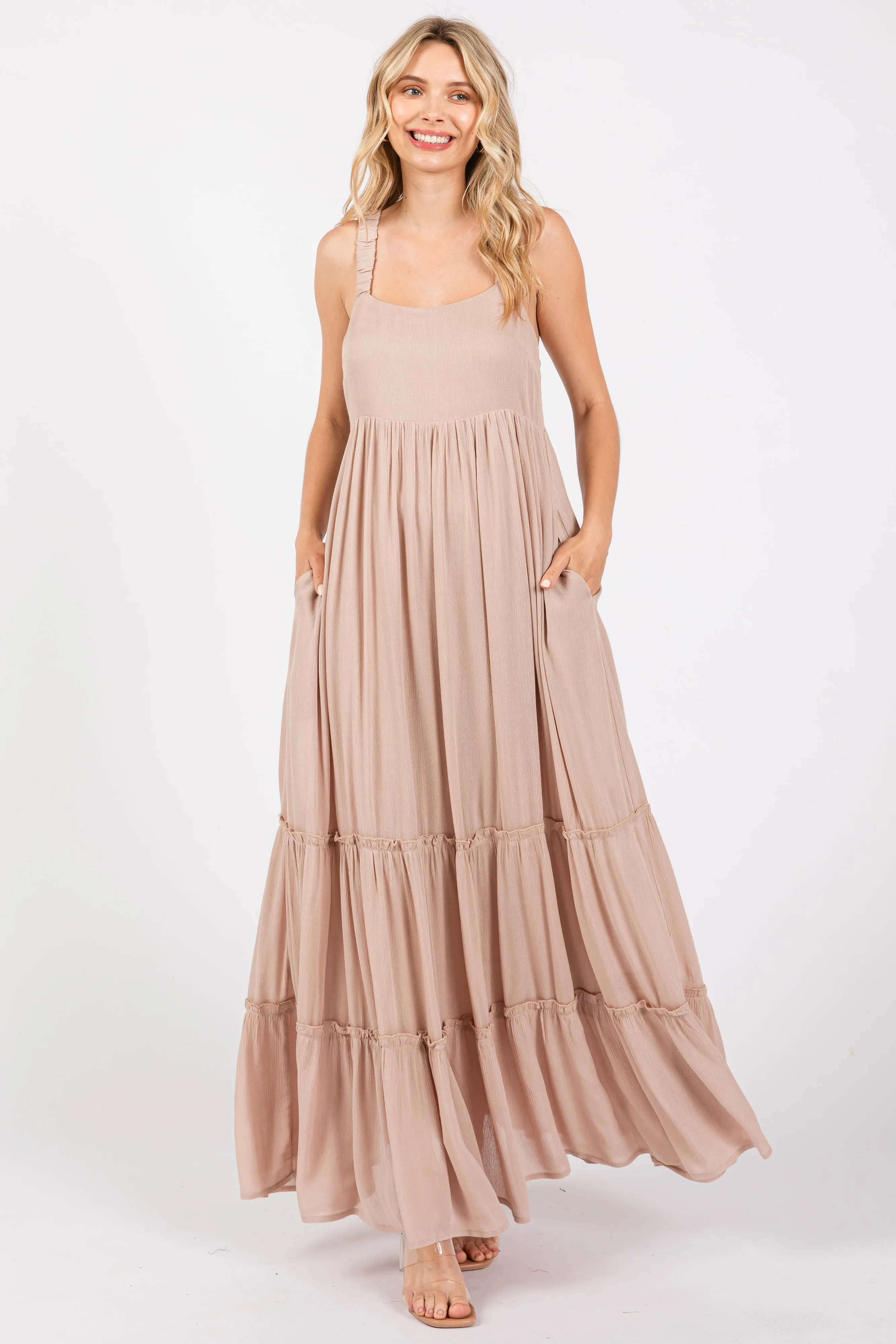 Taupe Tiered Maternity Maxi Dress sold by Pinkblush product image thumbnail 5