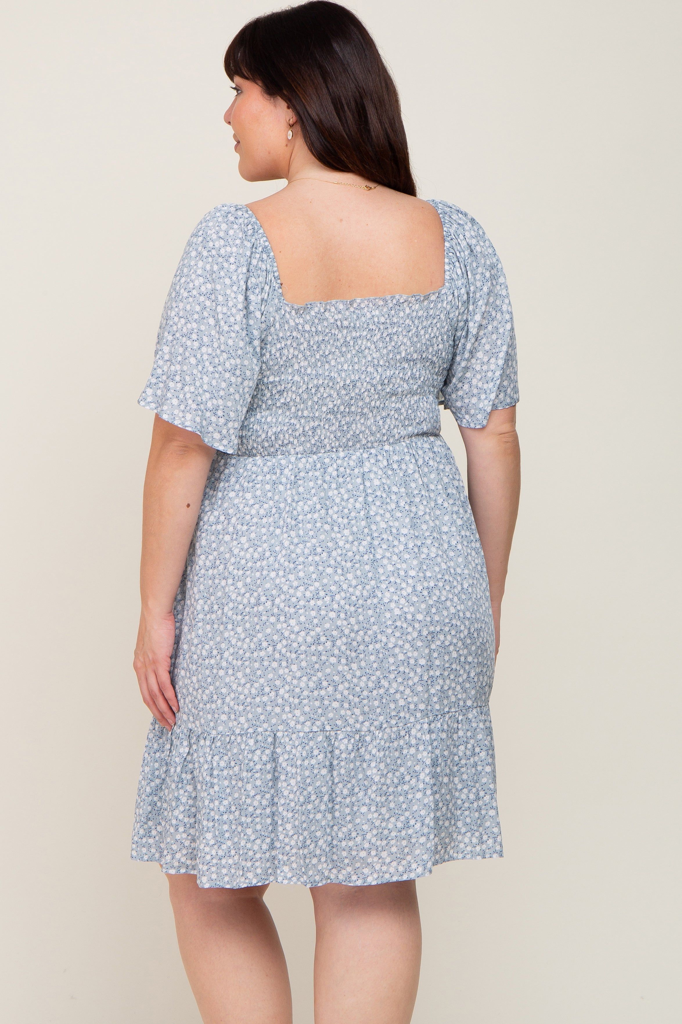 Light Blue Floral Smocked Square Neck Ruffle Hem Plus Dress sold by Pinkblush product image thumbnail 3