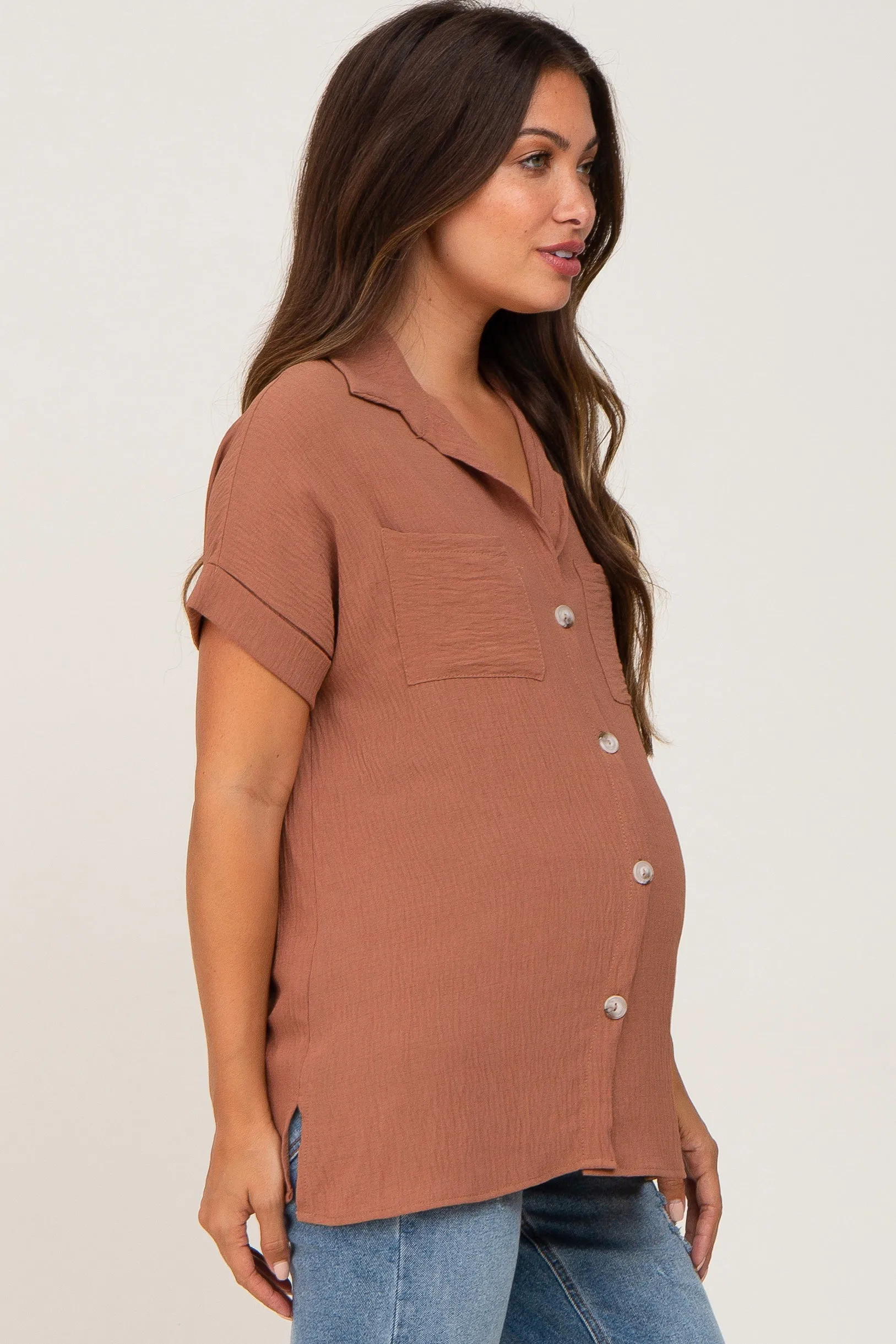 Camel Collared Button-Down Short Sleeve Maternity Blouse sold by Pinkblush product image thumbnail 2