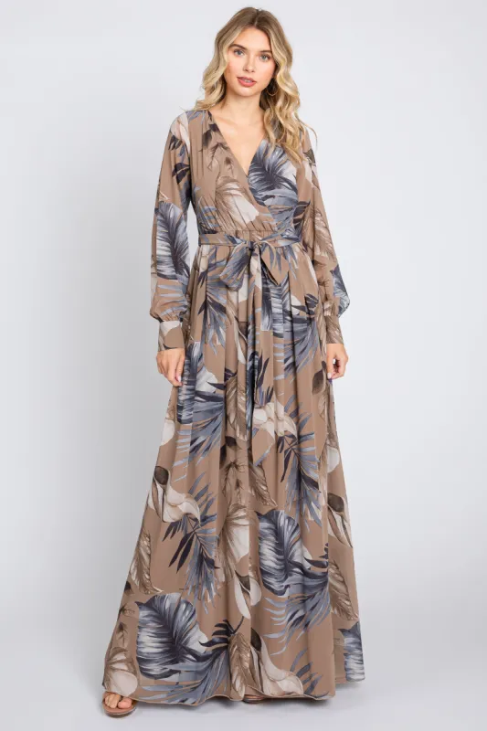 Taupe Palm Print Chiffon Wrap Front V-Neck Long Sleeve Maxi Dress sold by Pinkblush