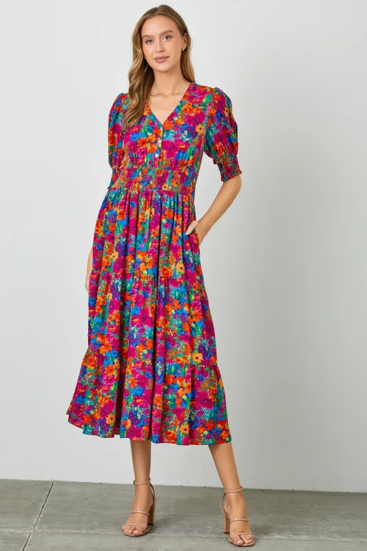 Orange Floral Smocked Waist Midi Dress sold by Pinkblush