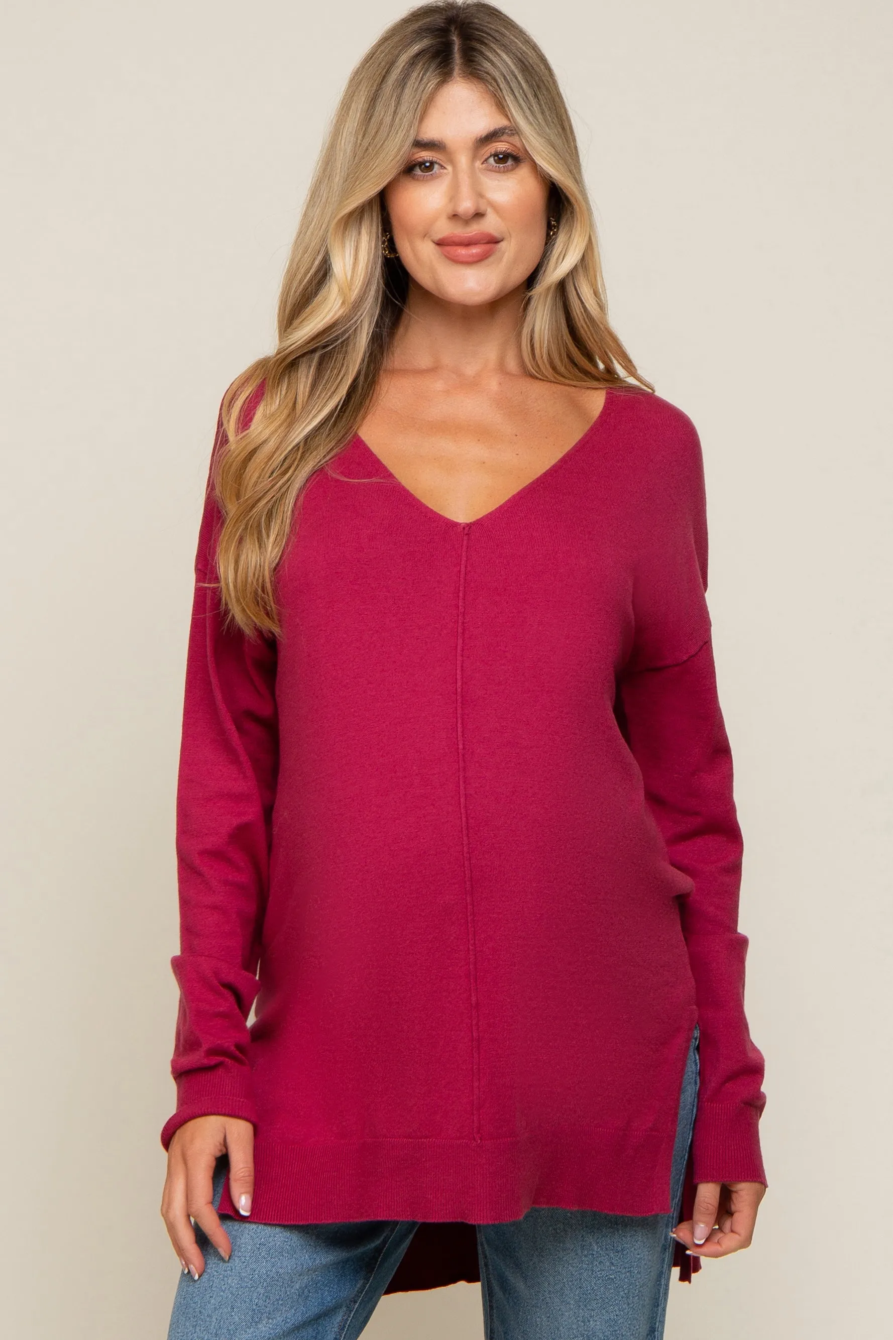 Magenta Oversized Knit Side Slit Maternity Top sold by Pinkblush
