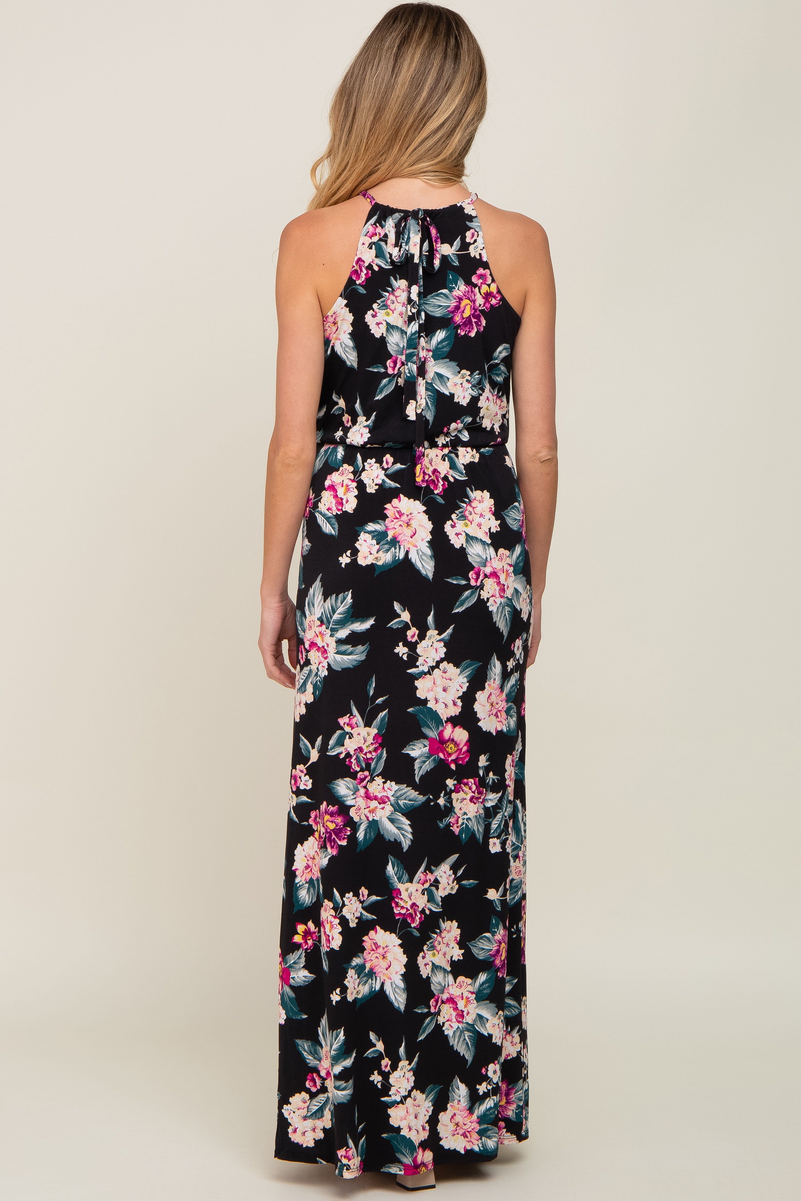 Black Floral Halter Side Slit Maternity Maxi Dress sold by Pinkblush product image thumbnail 4