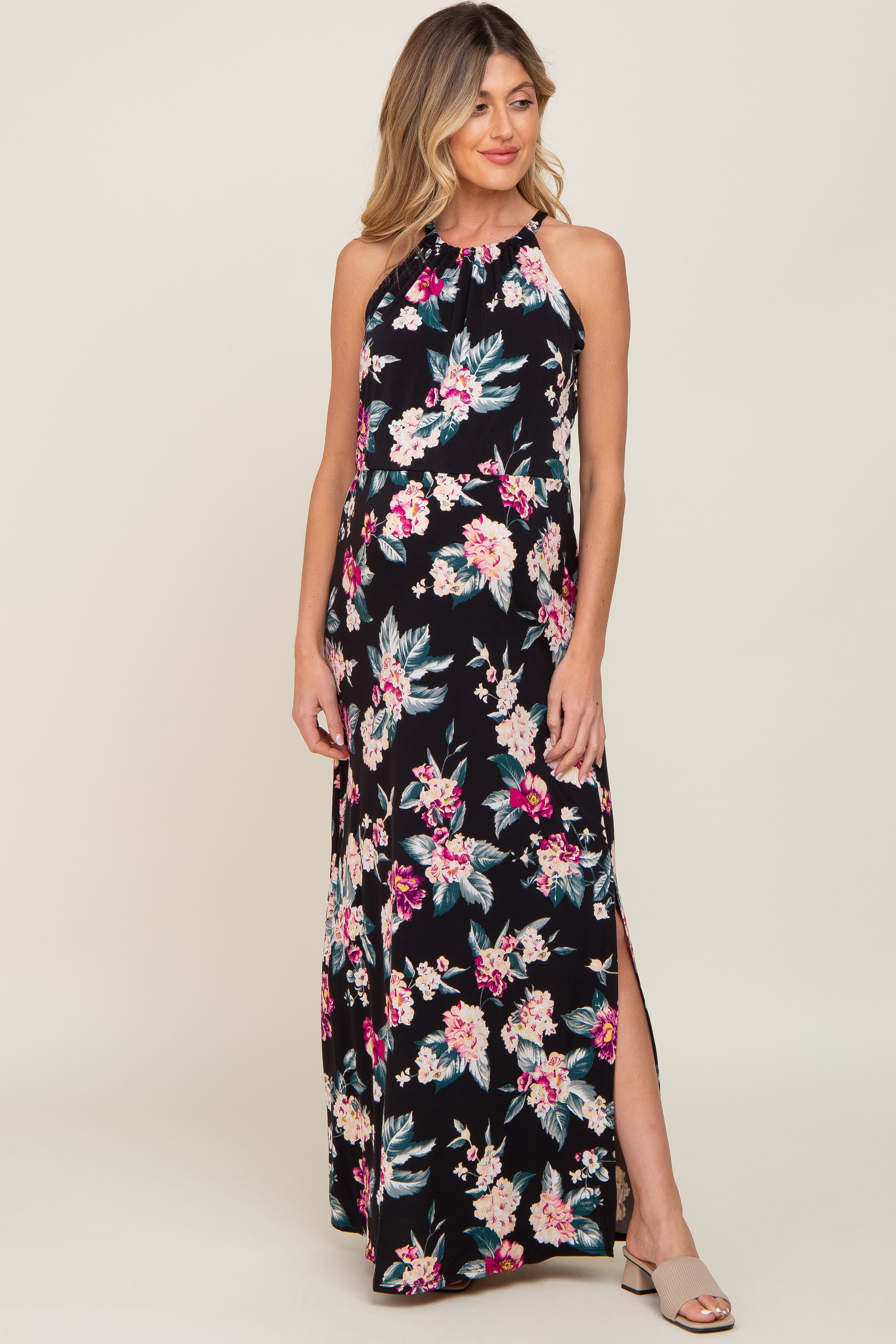 Black Floral Halter Side Slit Maternity Maxi Dress sold by Pinkblush