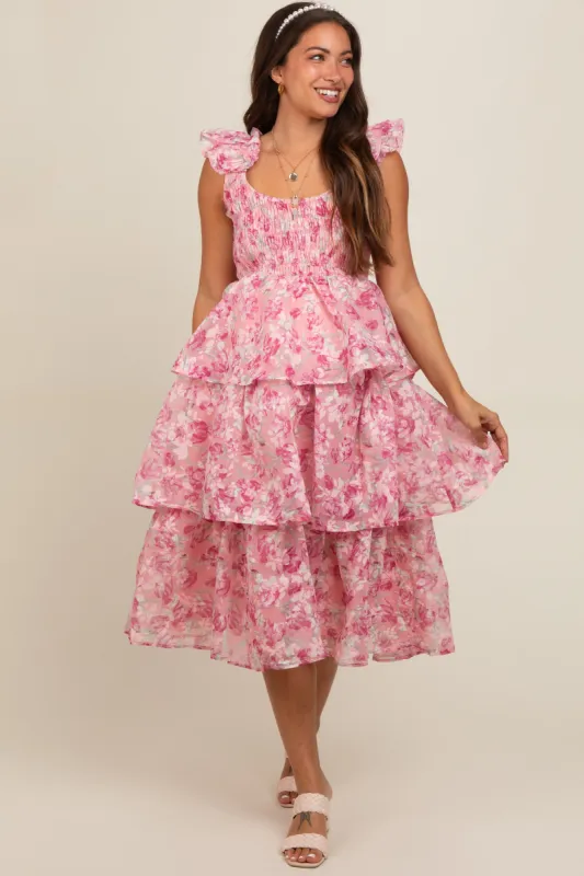 Pink Floral Smocked Tiered Layered Maternity Midi Dress sold by Pinkblush